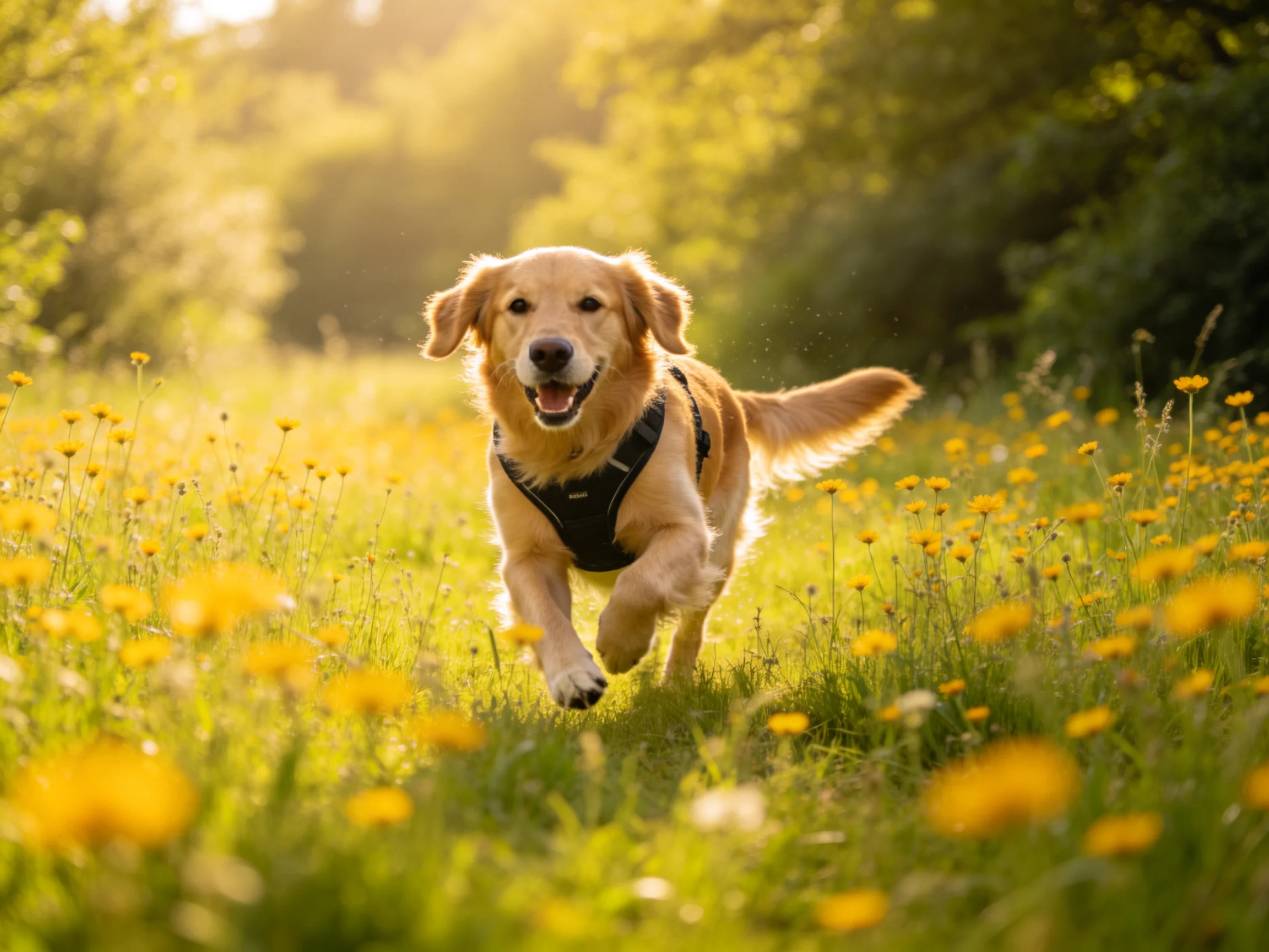 A golden retriever runs through a sunlit field of yellow wildflowers