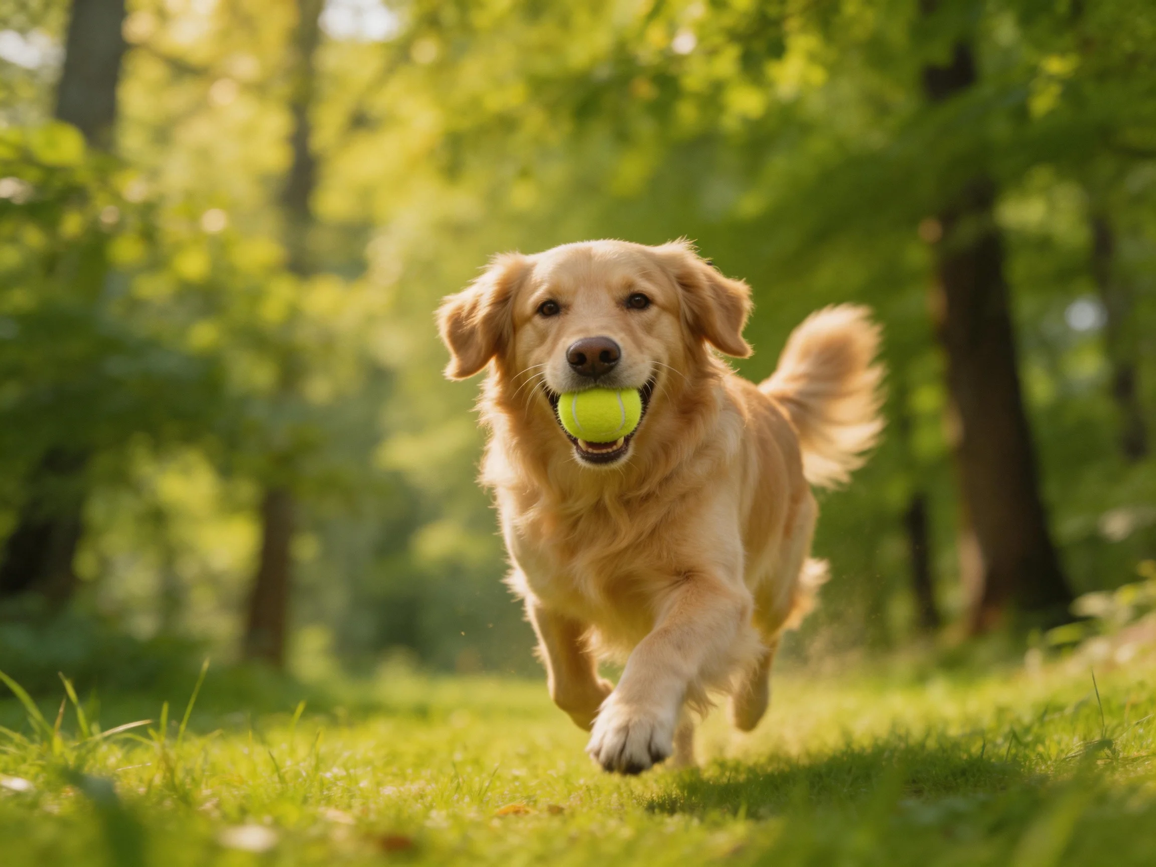 A golden retriever runs through a sunlit forest carrying a bright yellow tennis ball