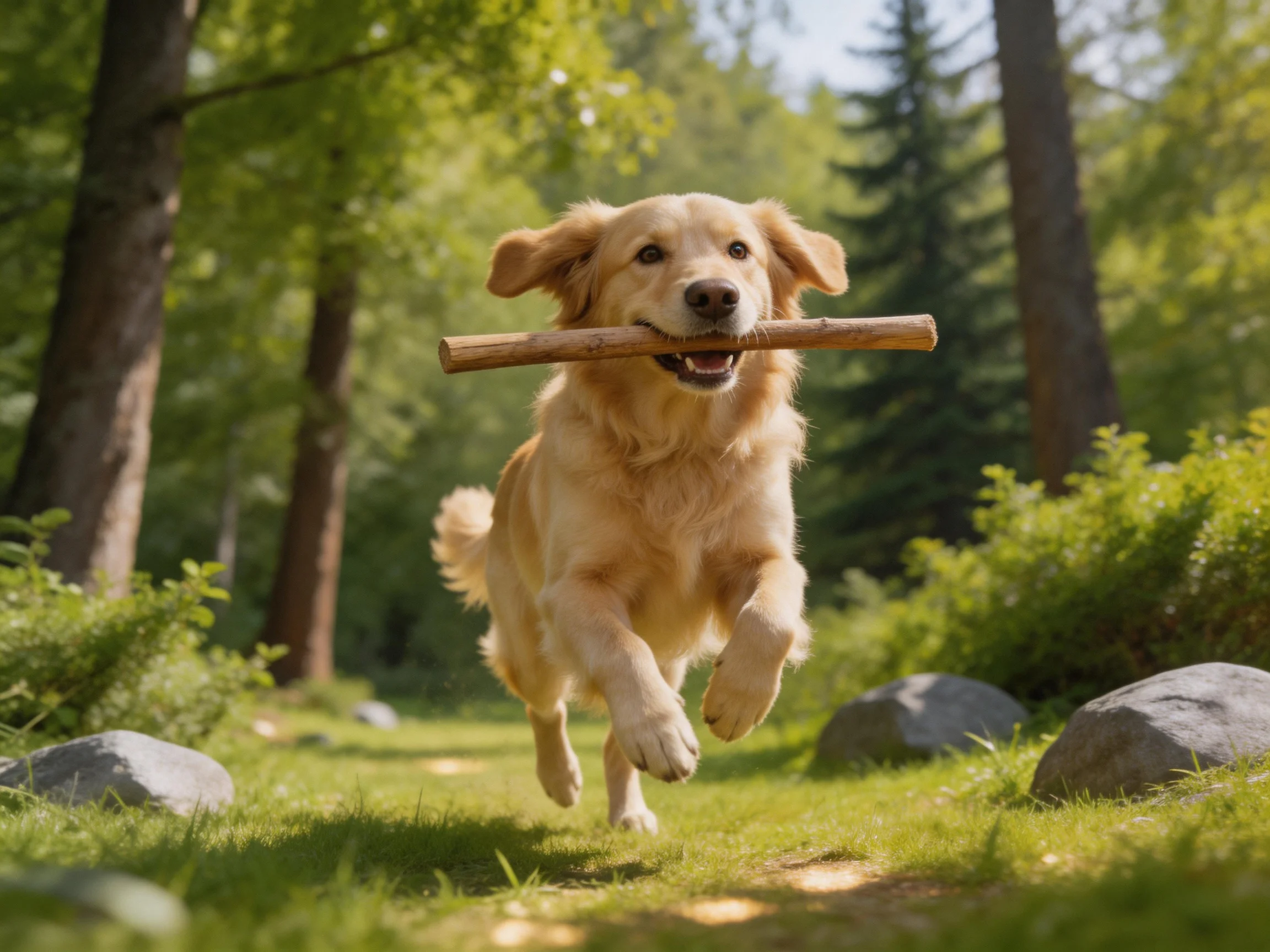 A golden retriever carries a stick while running through a sunlit forest.