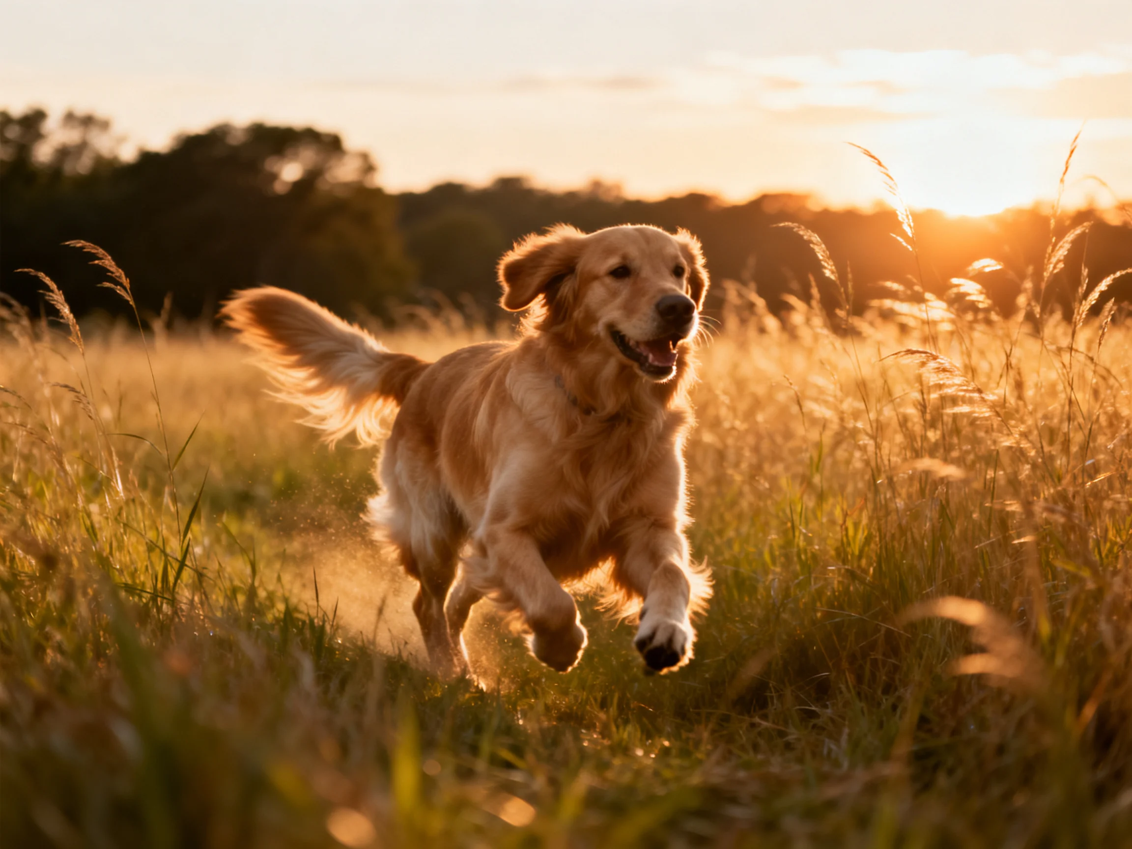 A golden retriever runs through a sunlit meadow at sunset.