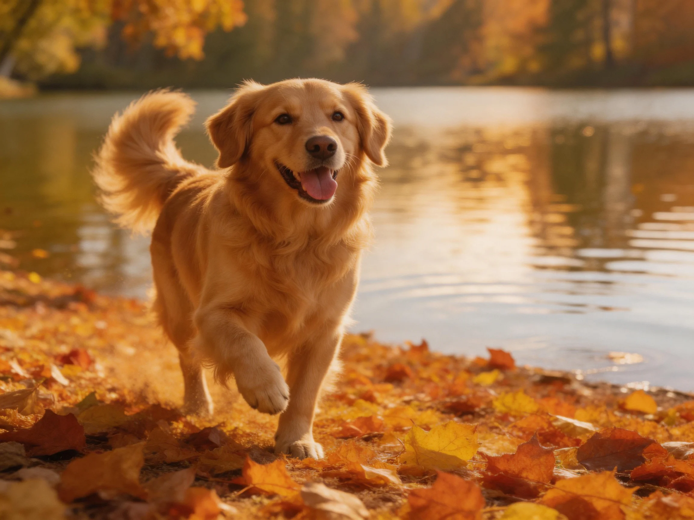 A golden retriever runs through fallen autumn leaves by a calm lake