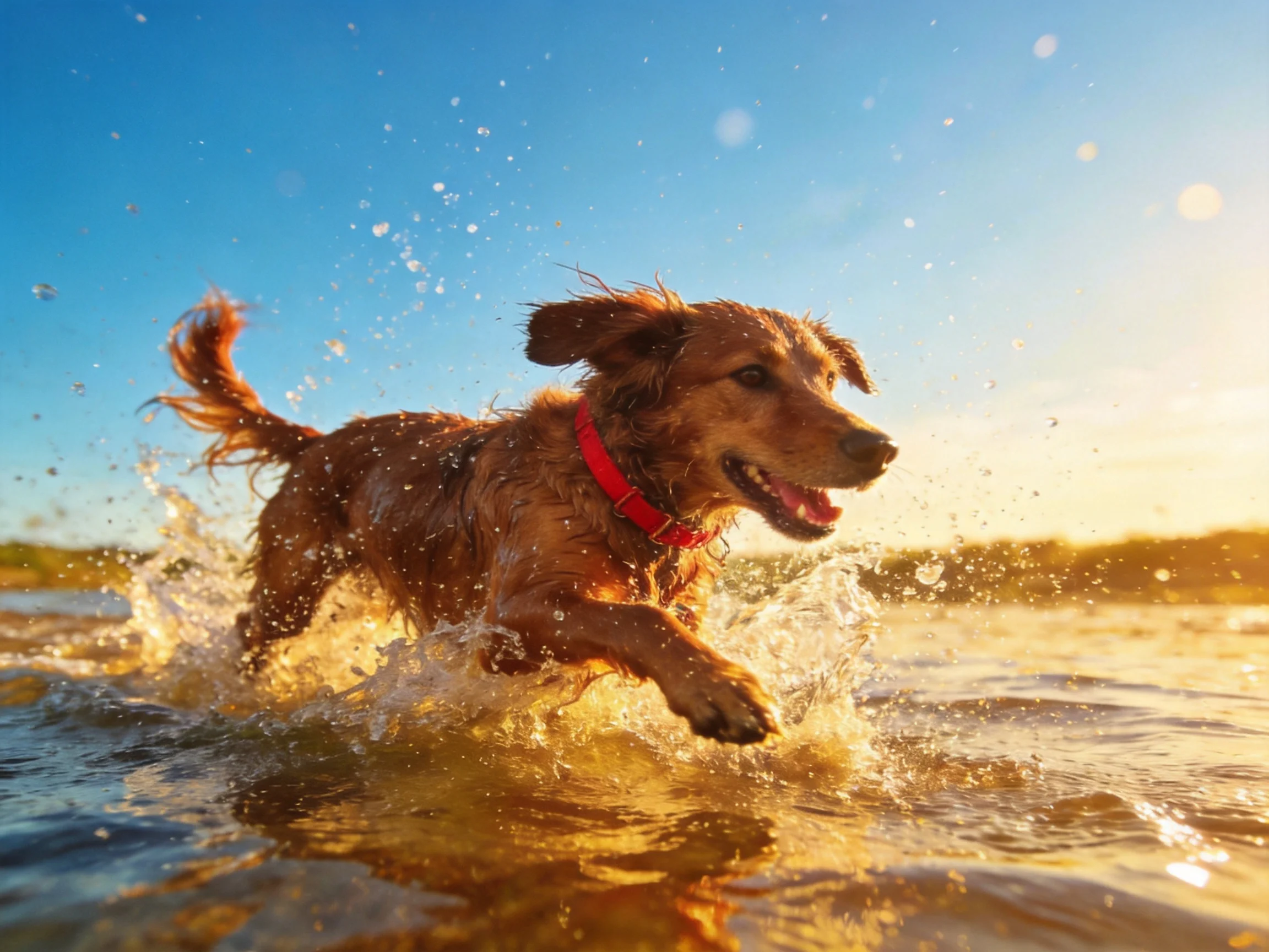 A golden retriever joyfully runs through water on a sunny day.