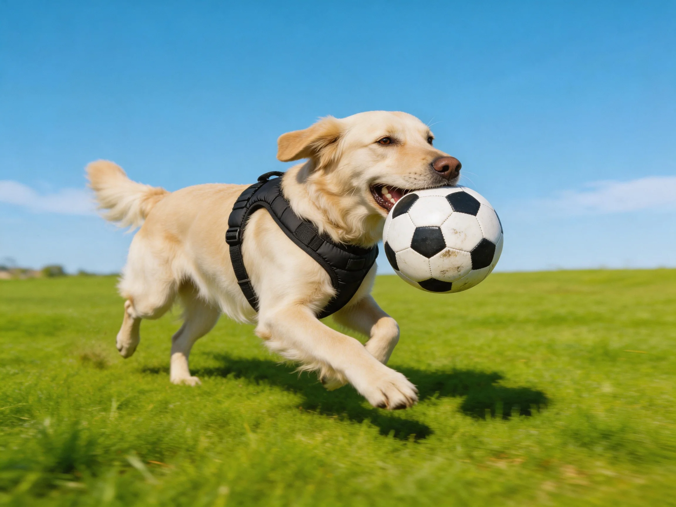 A golden retriever runs with a black-and-white soccer ball on a green field