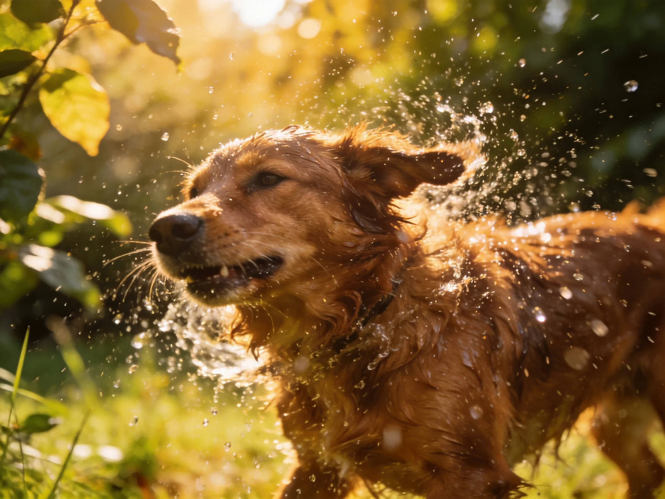 A golden retriever shakes off water droplets in a sunlit outdoor setting