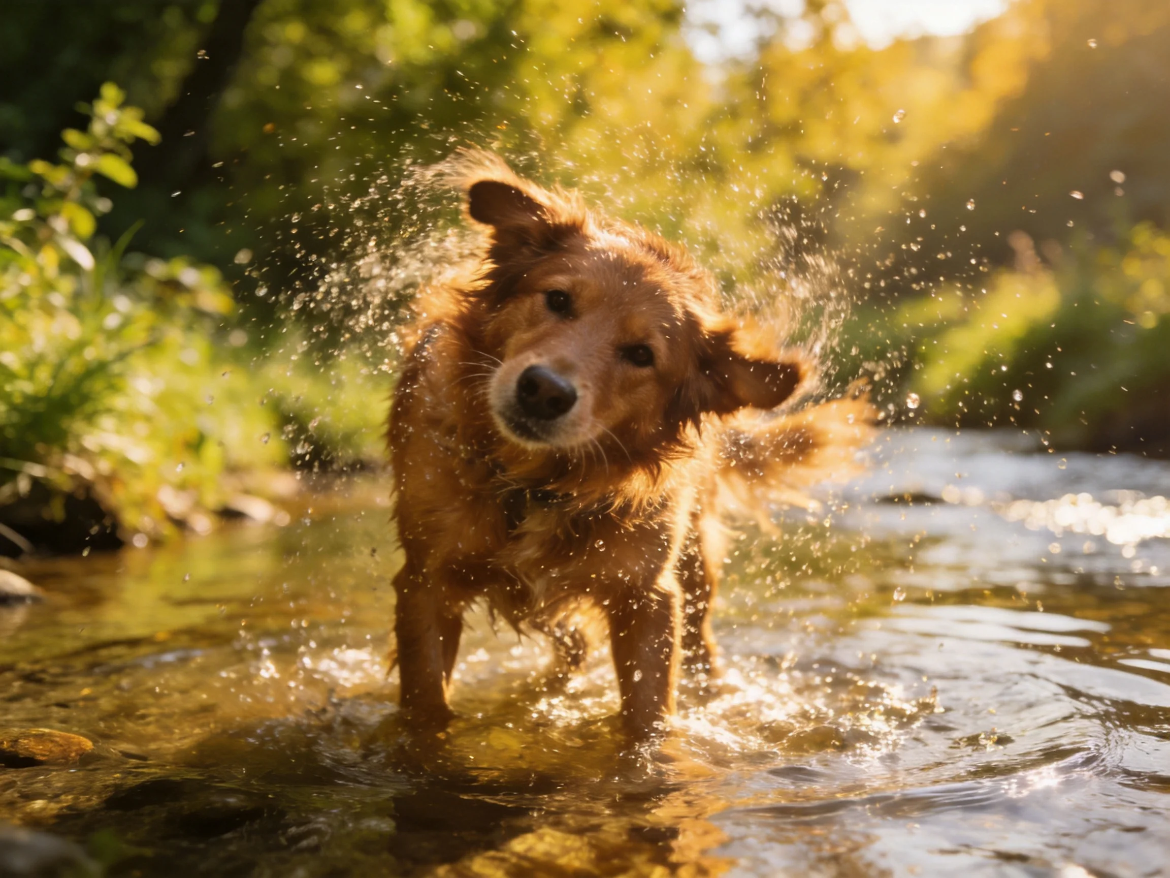 A golden retriever shakes off water in a sunlit stream surrounded by lush greenery