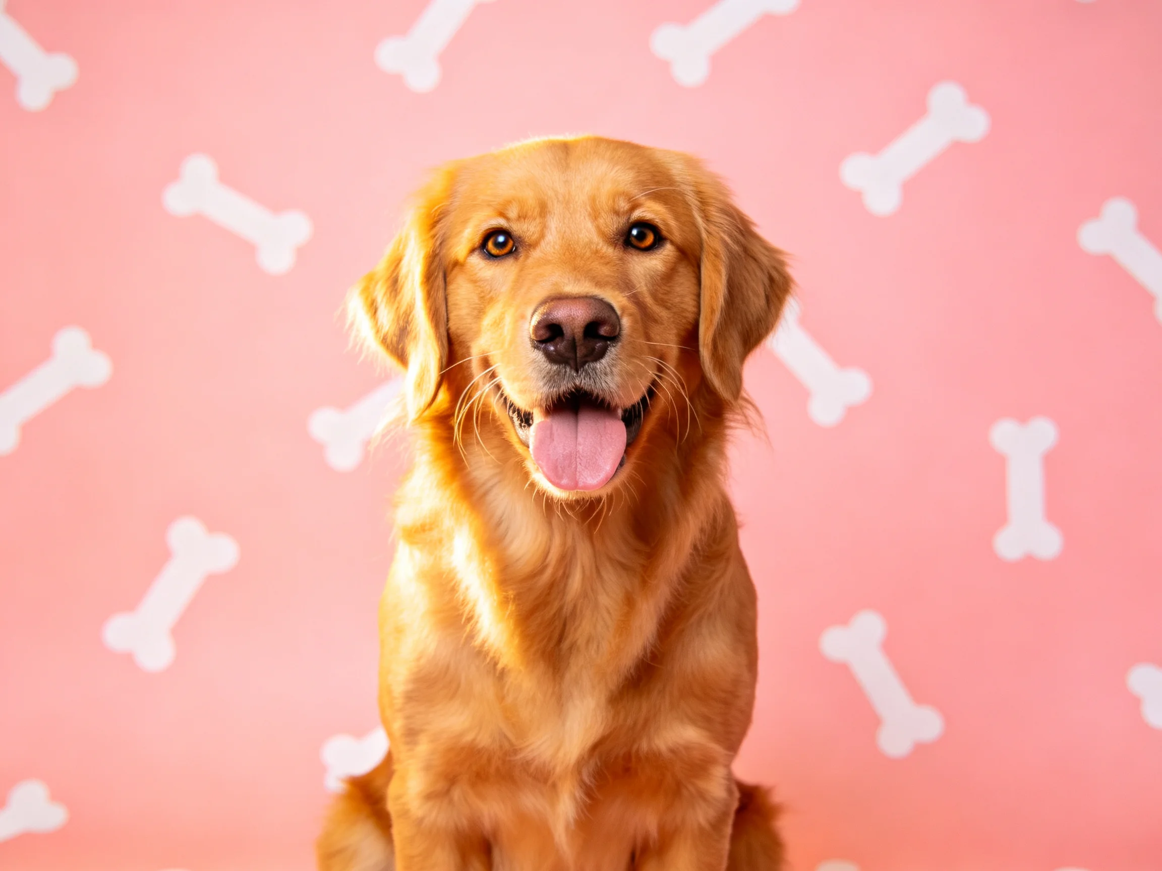 A golden retriever sits against a pink backdrop with scattered white bone patterns