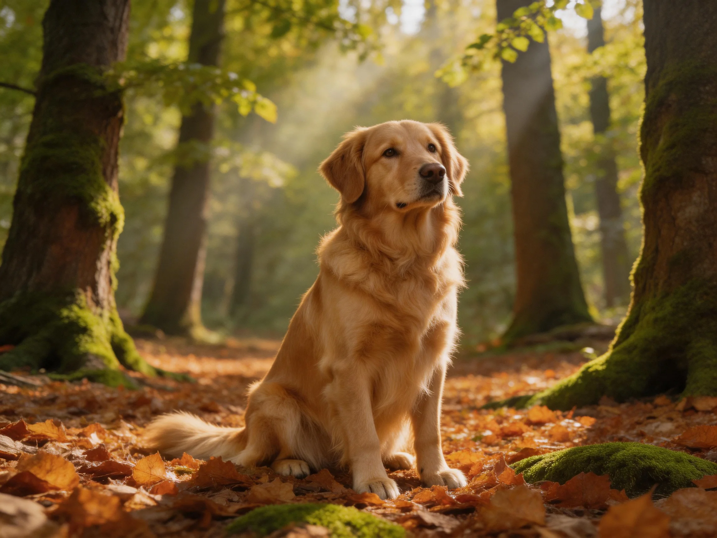 A golden retriever sits amid autumn leaves and moss-covered trees in a sunlit forest