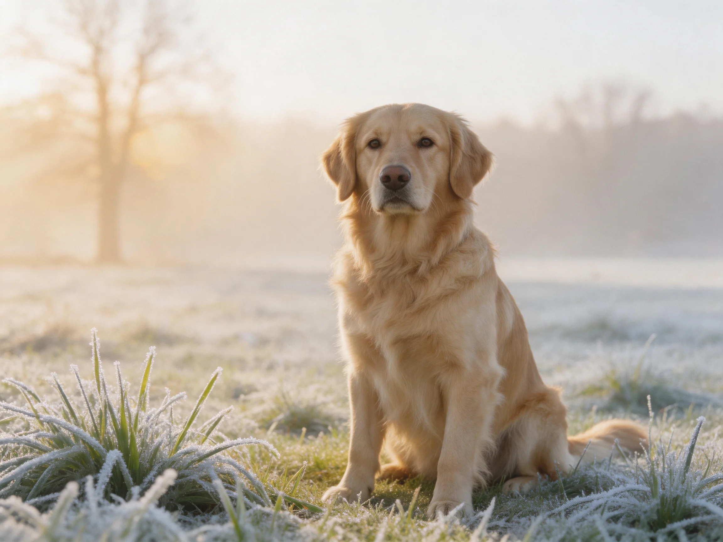 A golden retriever sits calmly on frosty grass in a misty, sunlit outdoor setting.