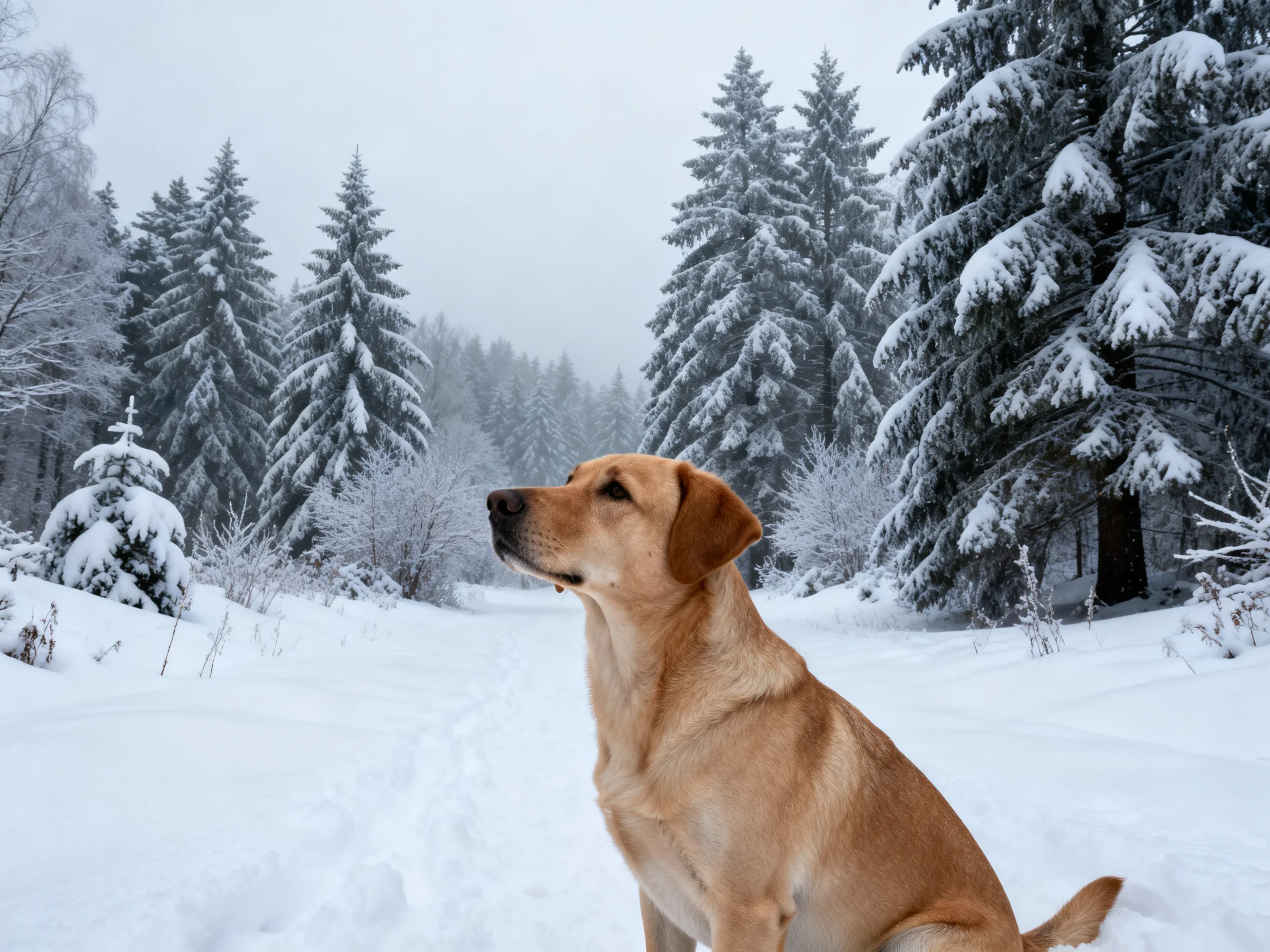 A golden retriever sits calmly in a snowy forest with snow-covered trees.