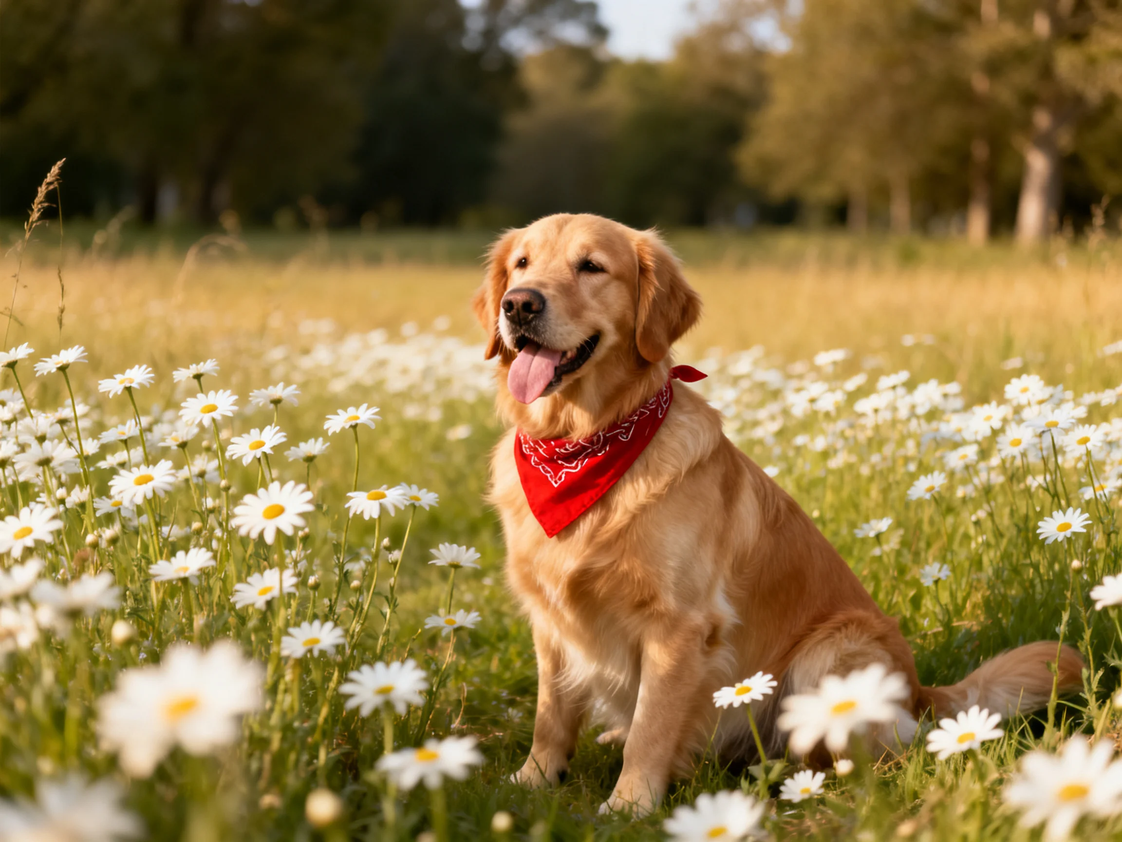 A golden retriever relaxes among daisies in a sunlit meadow.