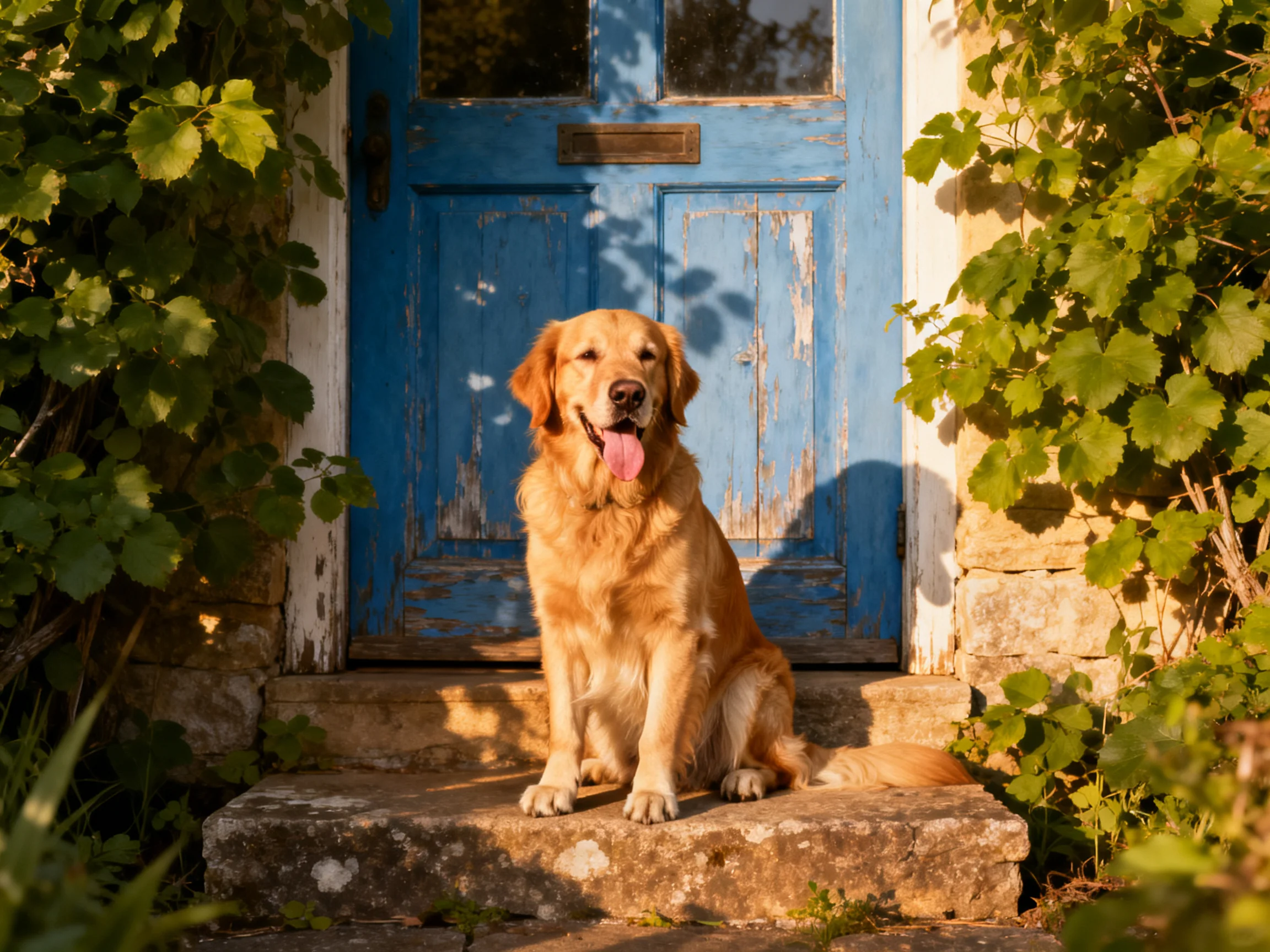 A golden retriever rests on stone steps outside an old blue door.