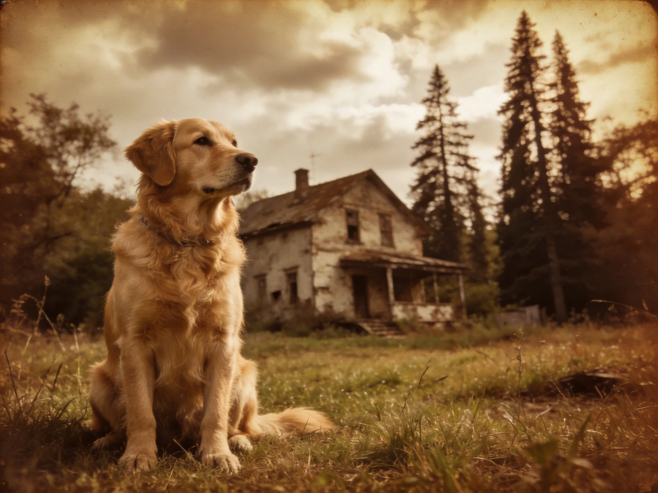 A golden retriever sits near an old, dilapidated house in a wooded area