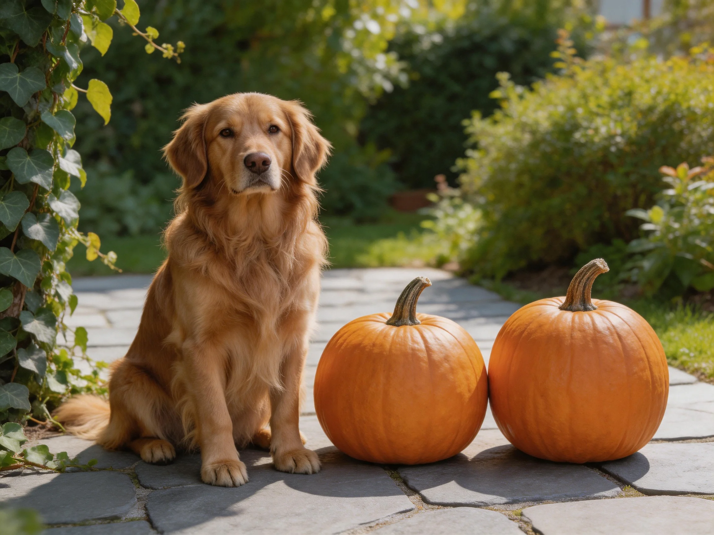 A golden retriever sits next to two orange pumpkins in a sunny garden.