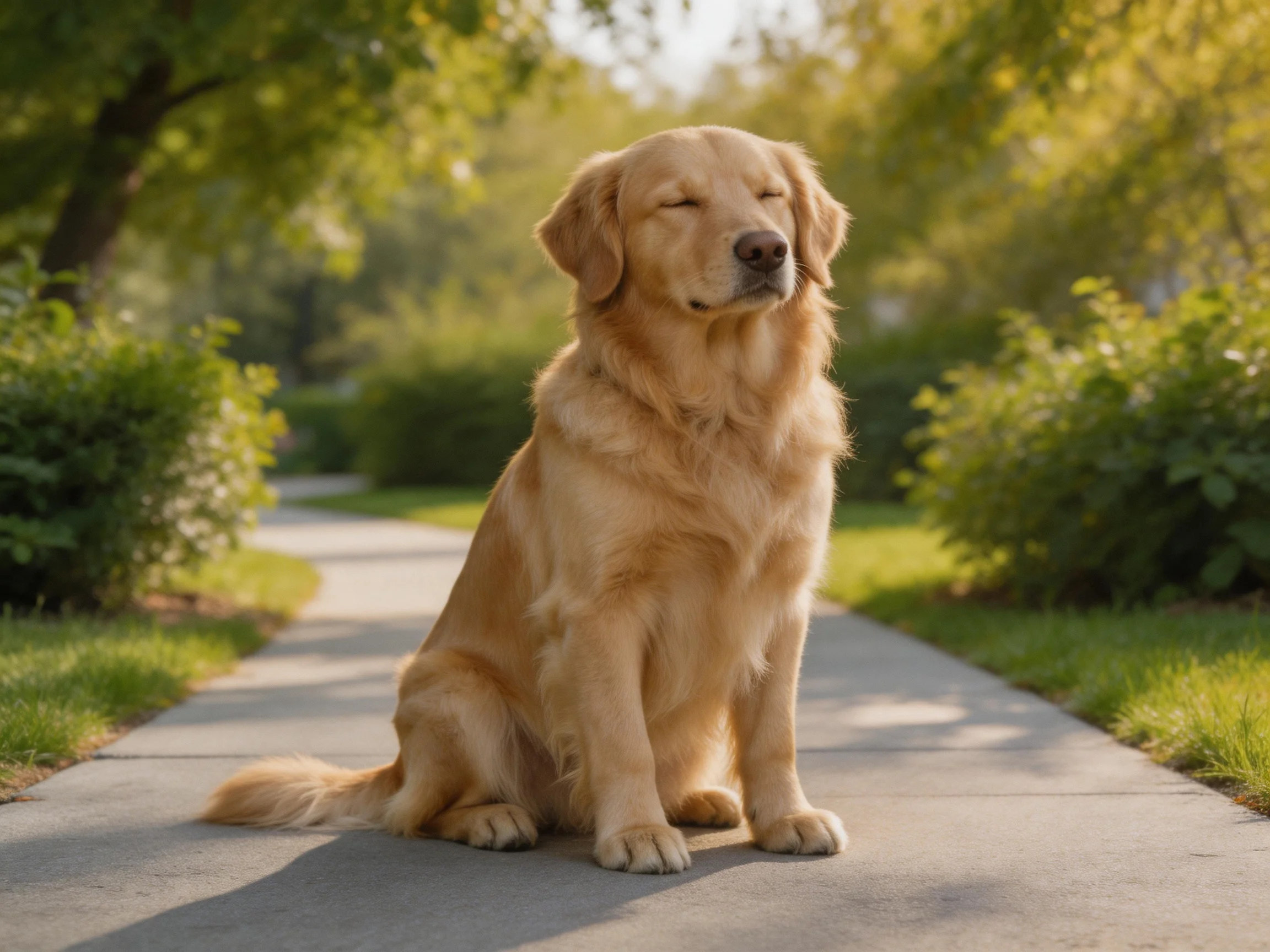 A golden retriever sits calmly on a sunlit pathway surrounded by greenery