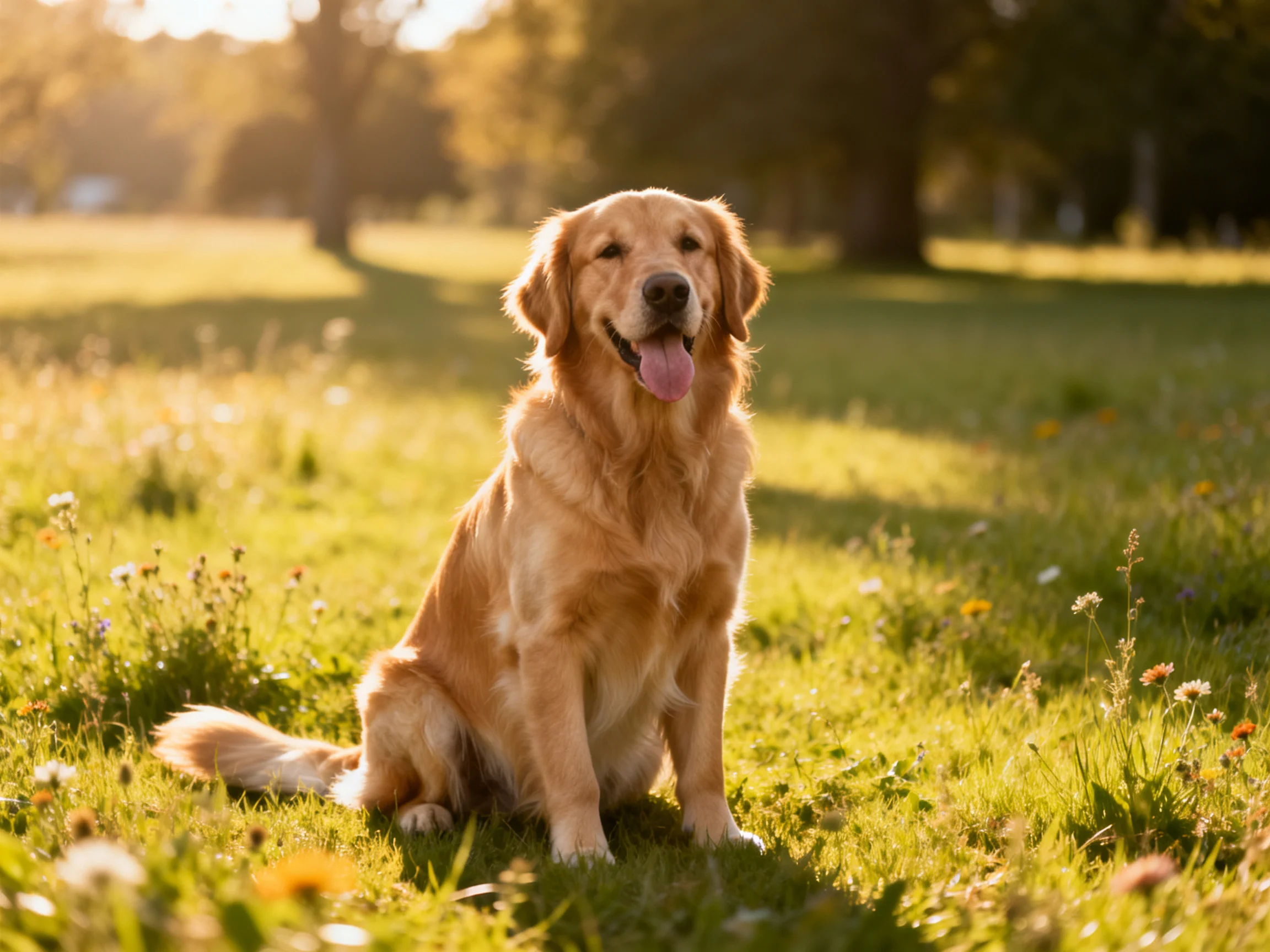 A golden retriever sits contentedly in a sun-drenched meadow