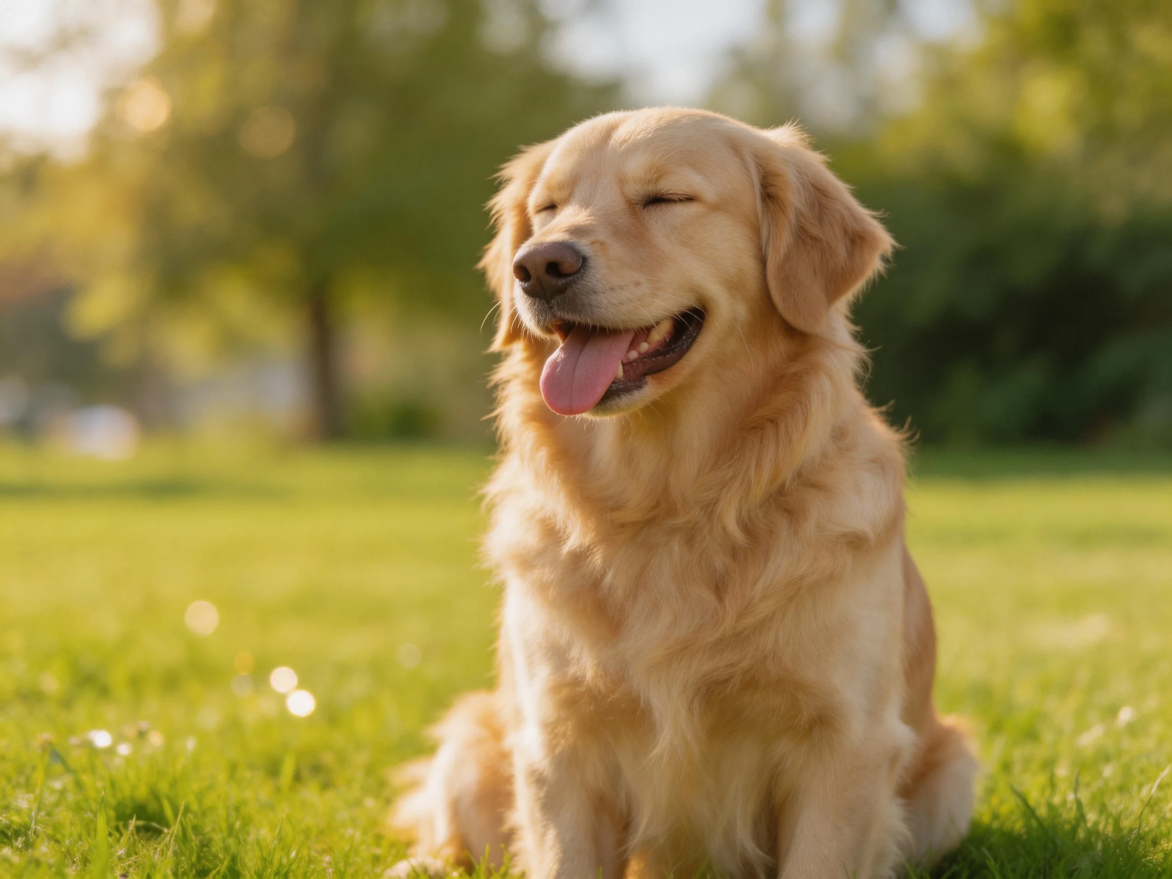 A golden retriever sits contentedly on a sunlit green lawn