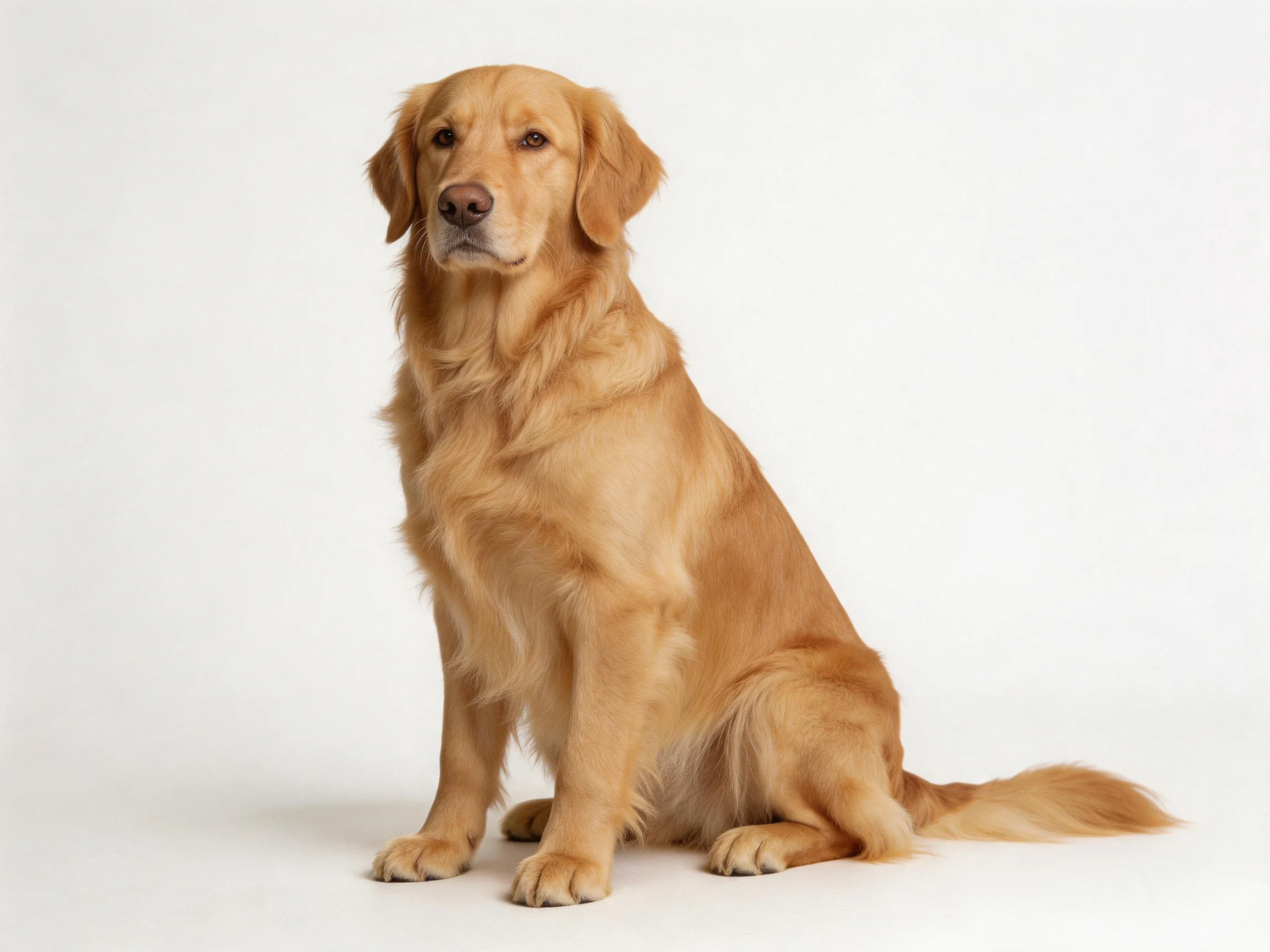 A golden retriever sits gracefully on a white studio backdrop