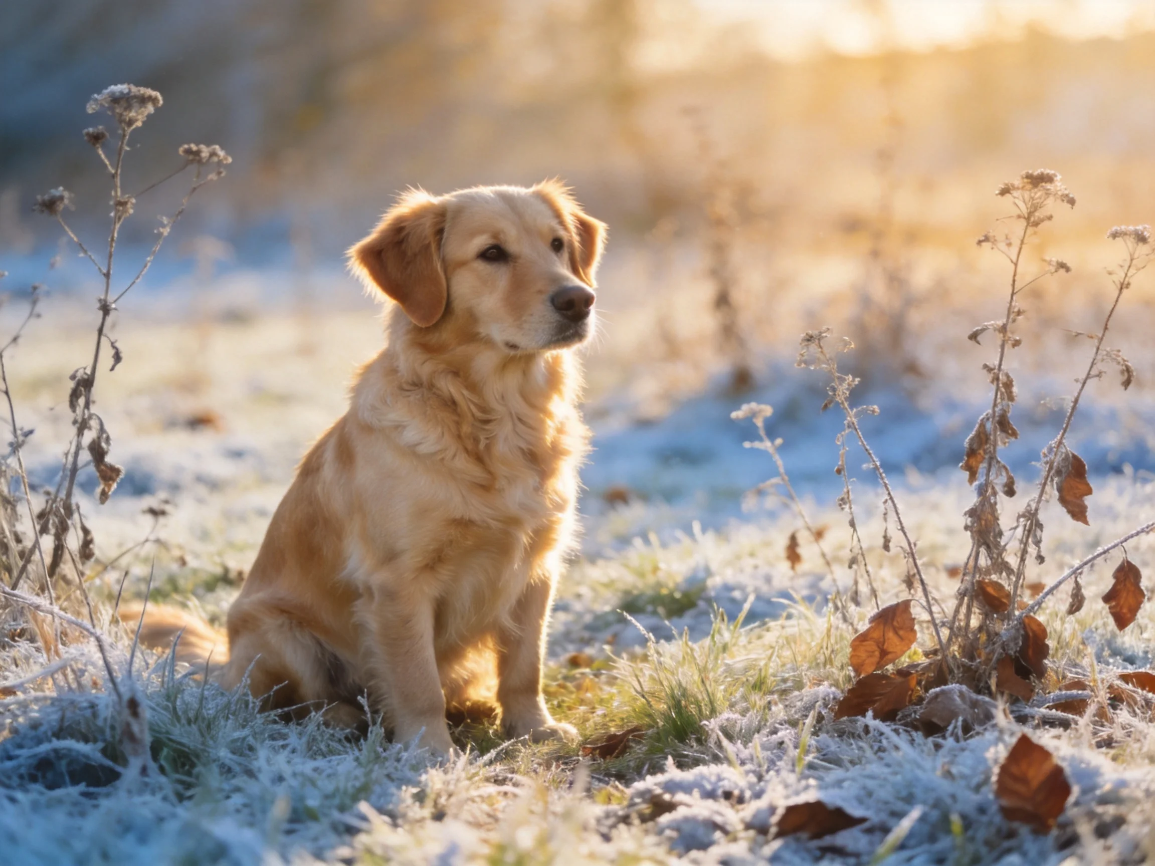 A golden retriever sits calmly among frosty vegetation.