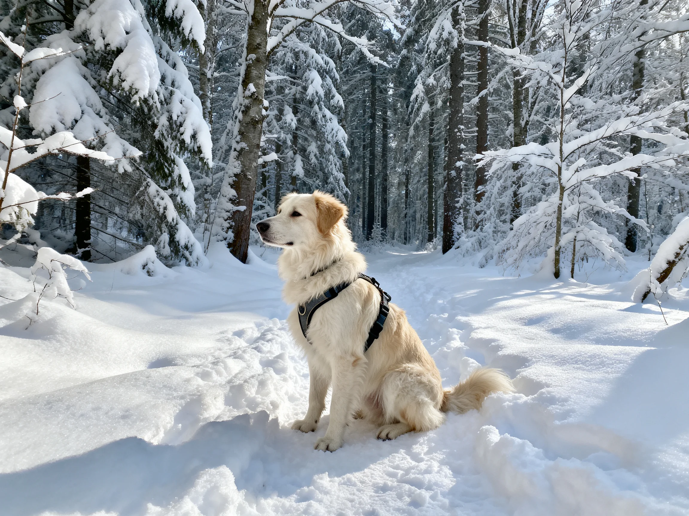 A golden retriever sits peacefully in a snow-covered forest with snow-laden trees