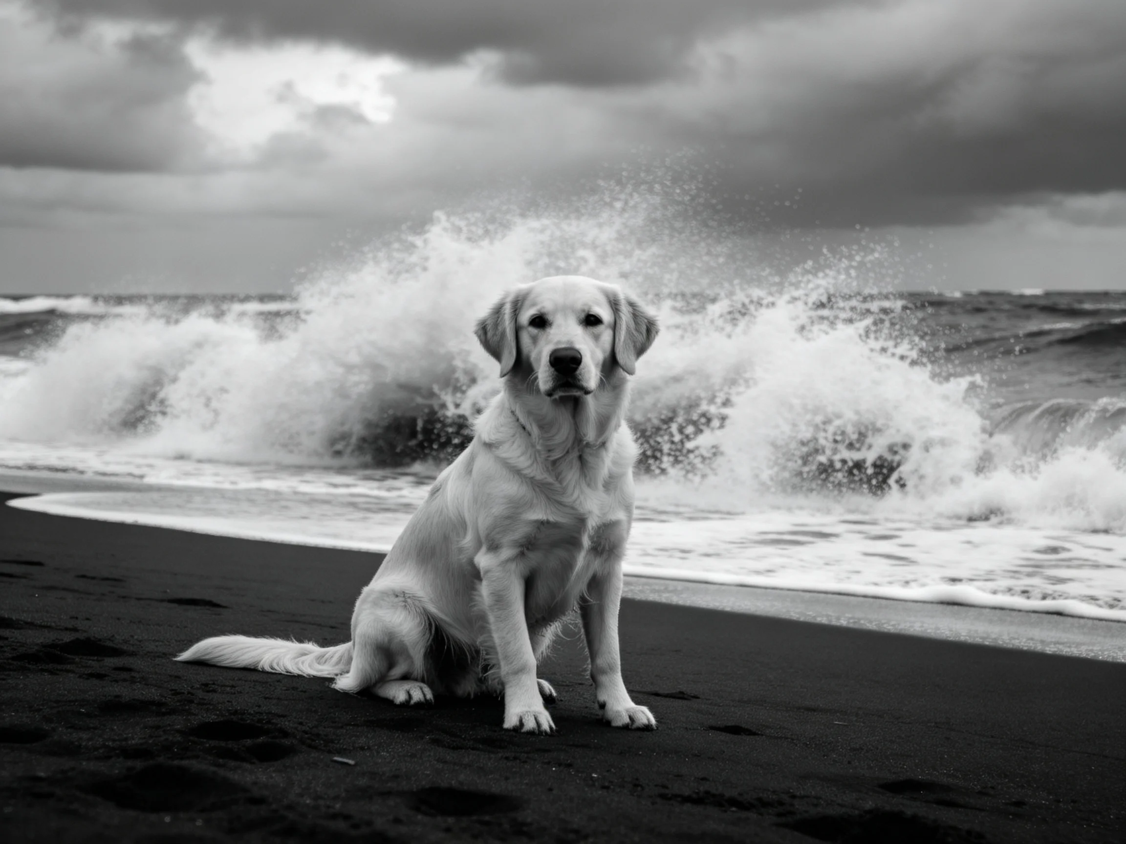 A golden retriever remains calm on a black sand beach as ocean waves crash.