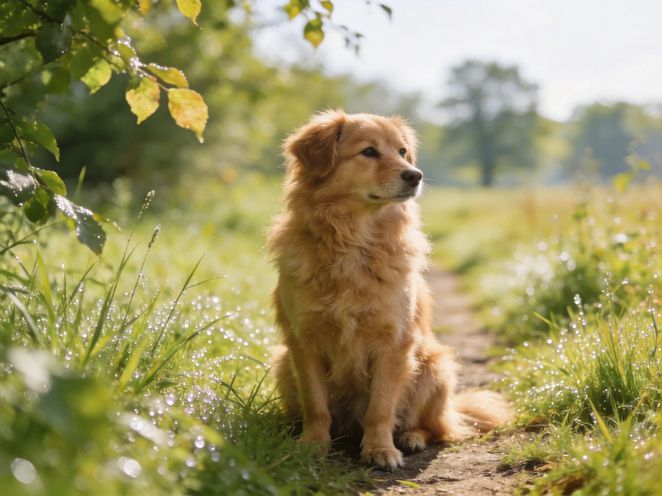 A golden retriever sits on a dewy path in a sunlit meadow