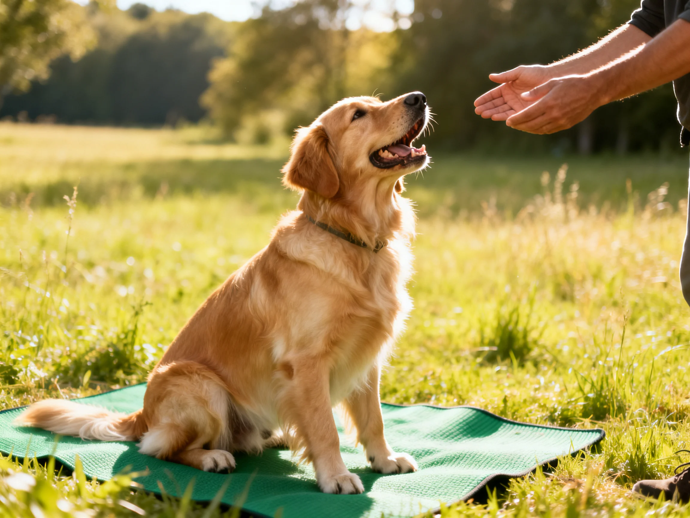 A golden retriever sits on a green mat during an outdoor training session.