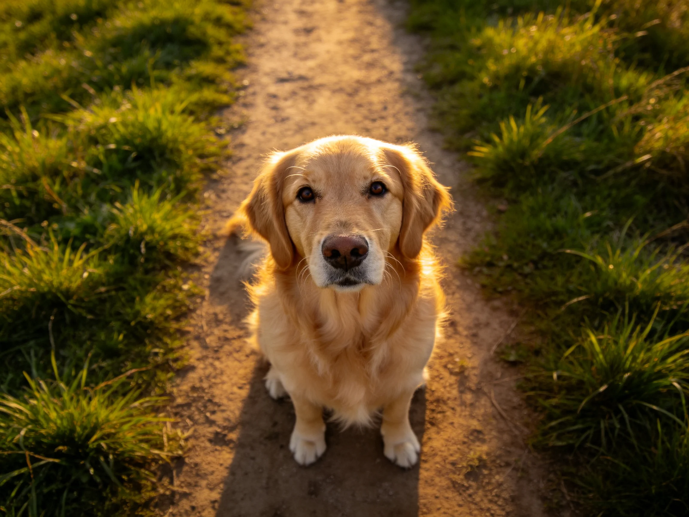 A golden retriever sits calmly on a sunlit dirt path.
