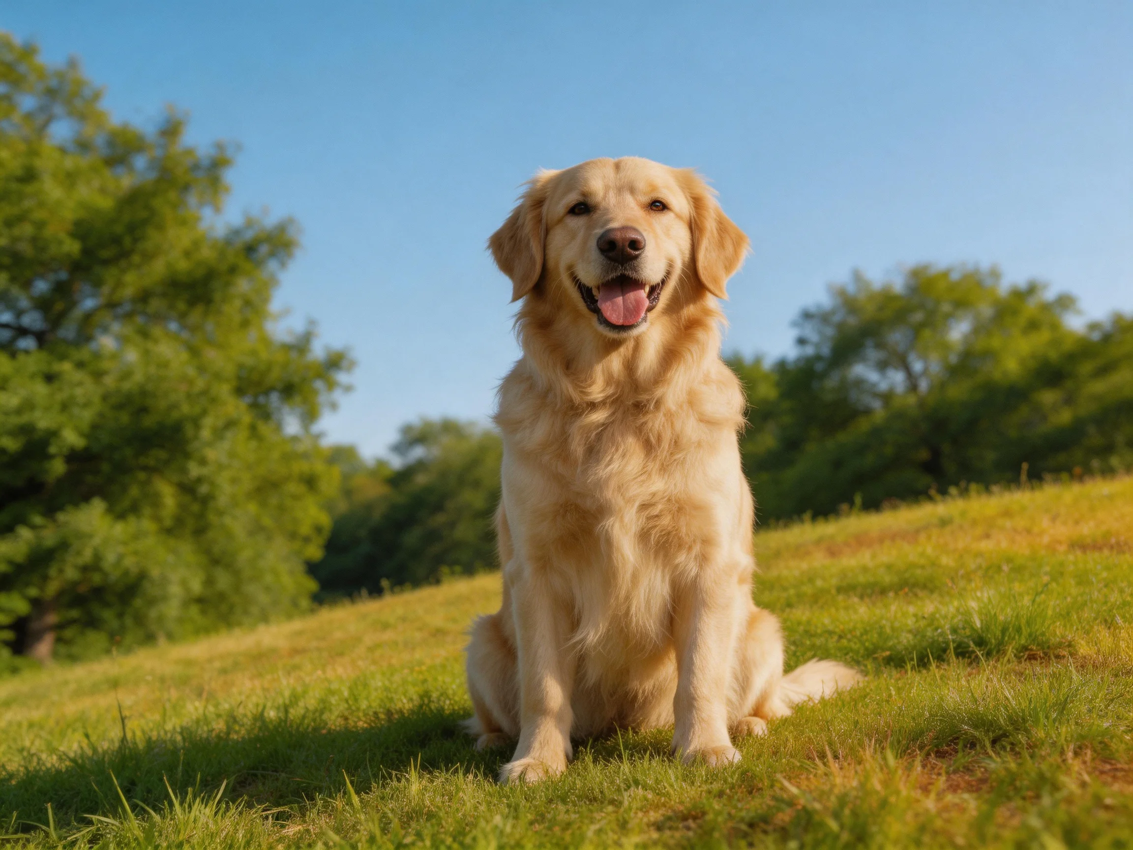 A golden retriever sits happily on a grassy hillside near leafy trees
