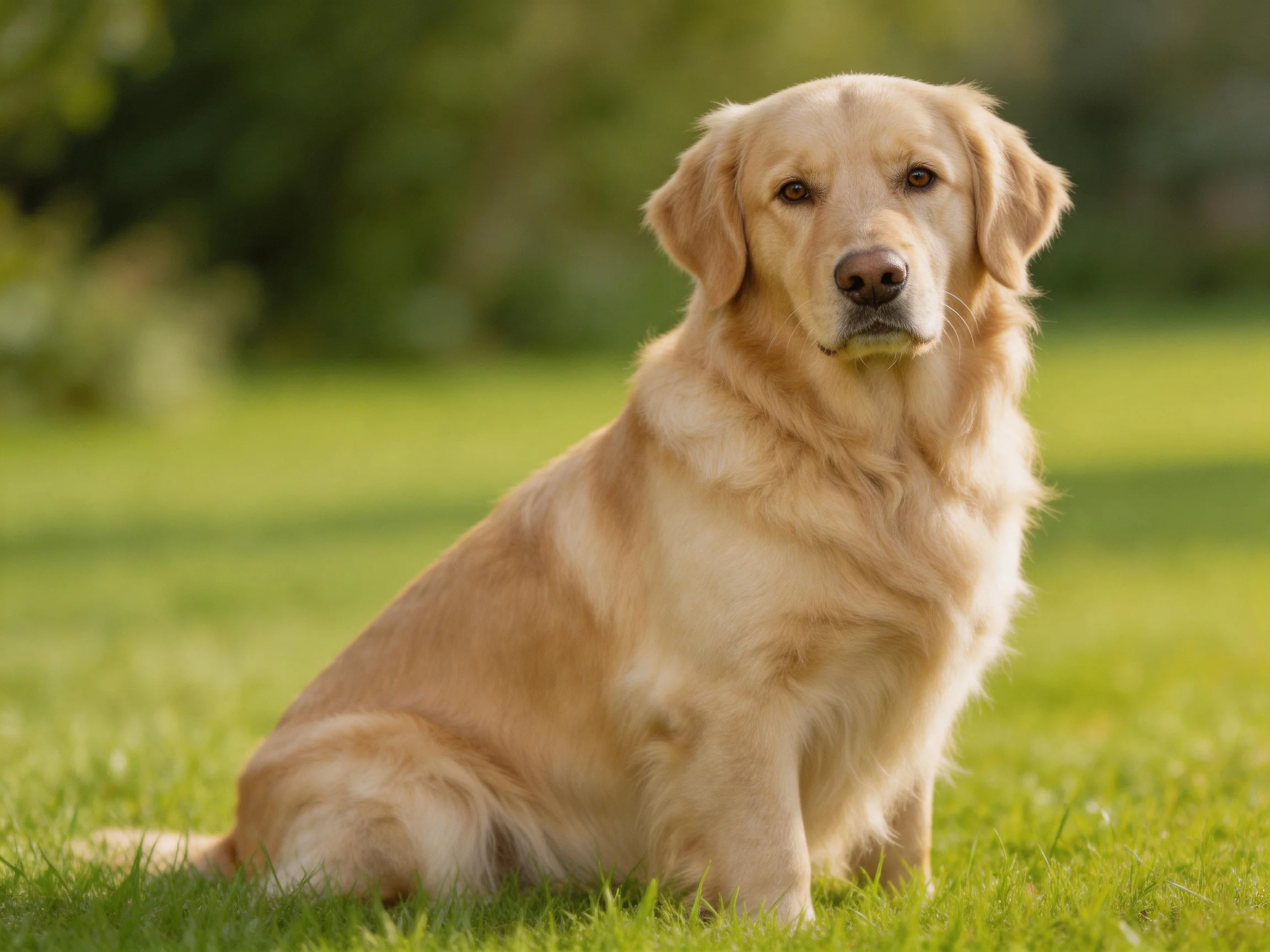 A golden retriever sits on green grass in a sunlit outdoor setting