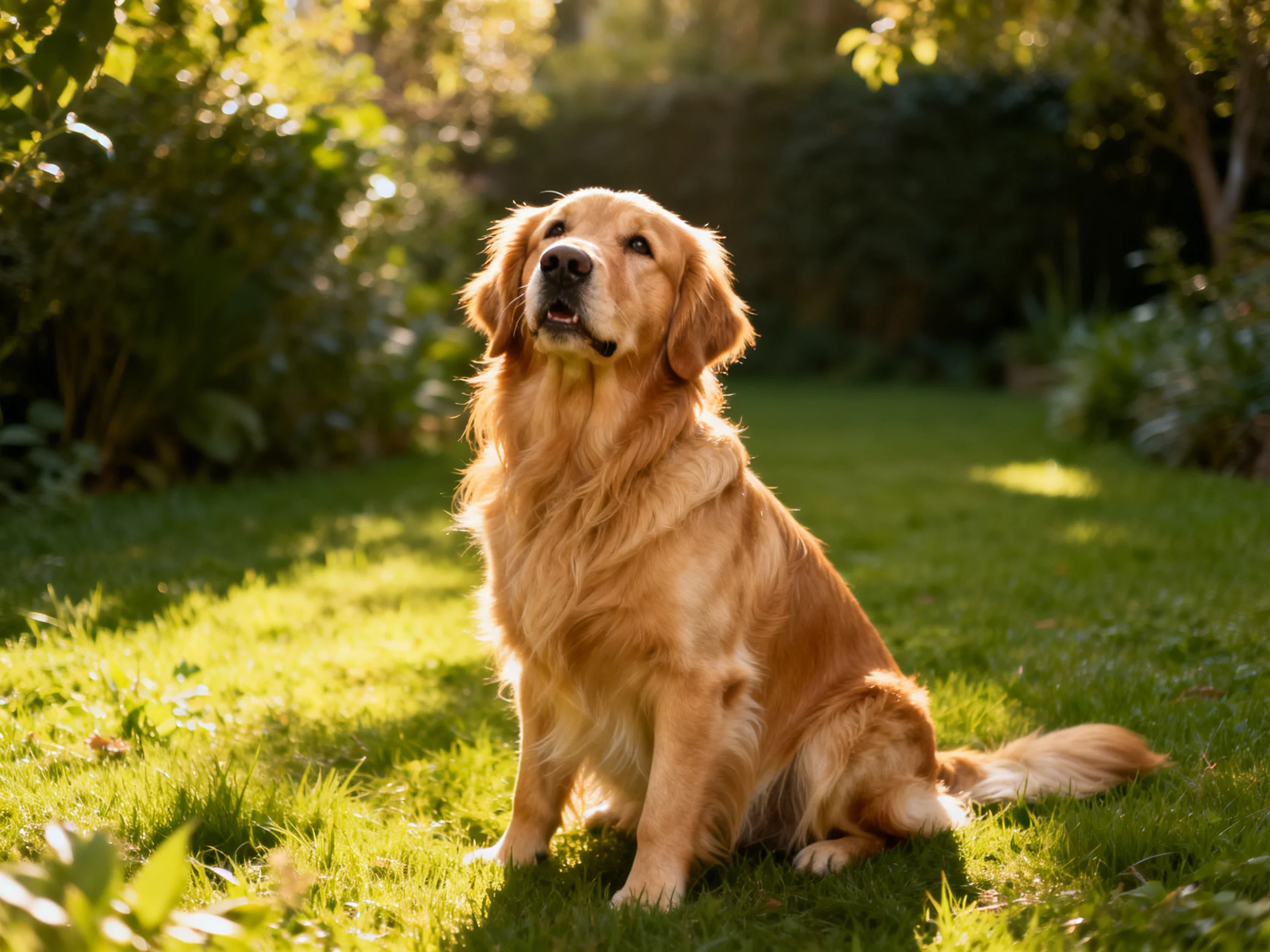 A golden retriever sits calmly among greenery in a sunlit garden.