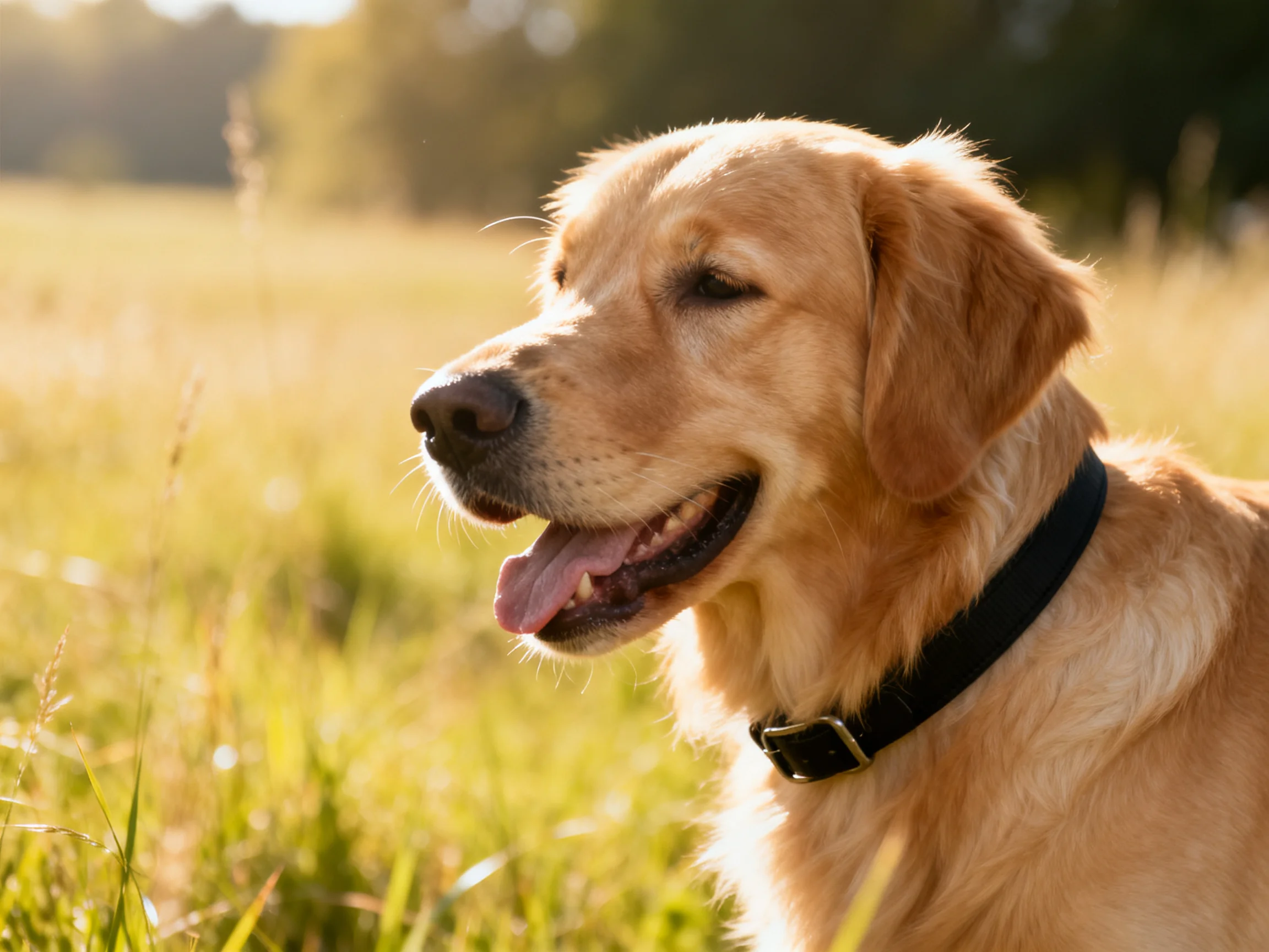 A golden retriever sits peacefully in a sunlit open field