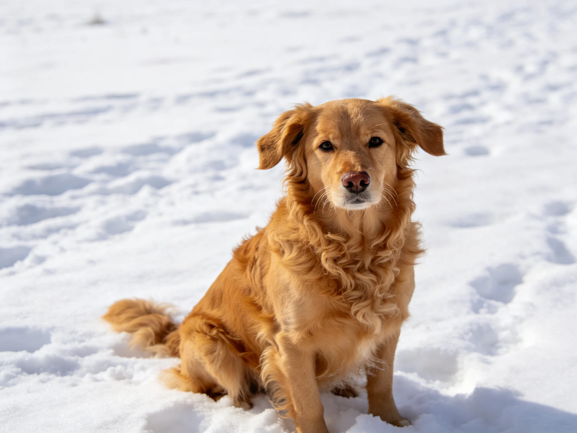 A golden retriever sits serenely among bright snow