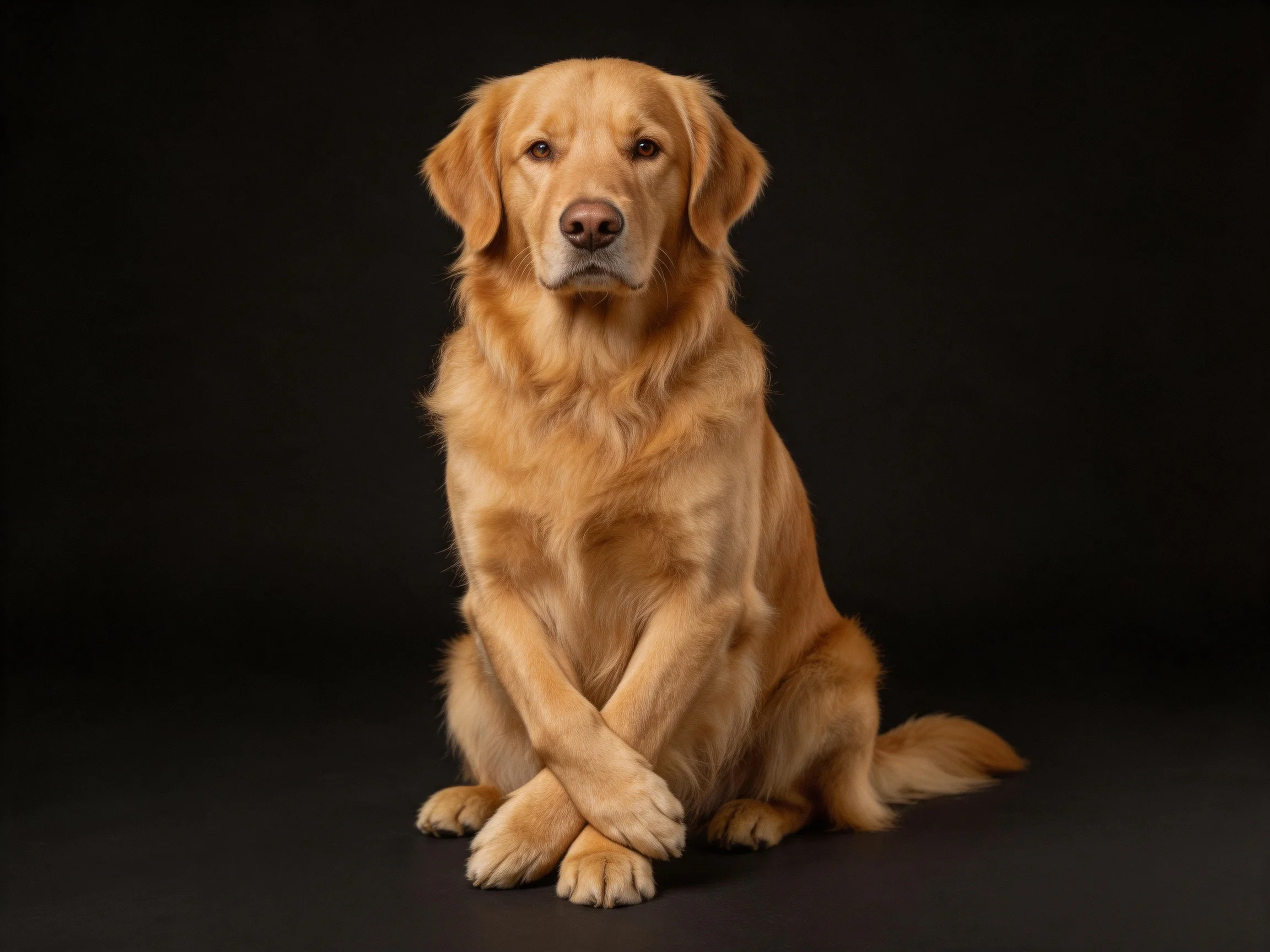 A golden retriever sits calmly with crossed front legs against a dark background.