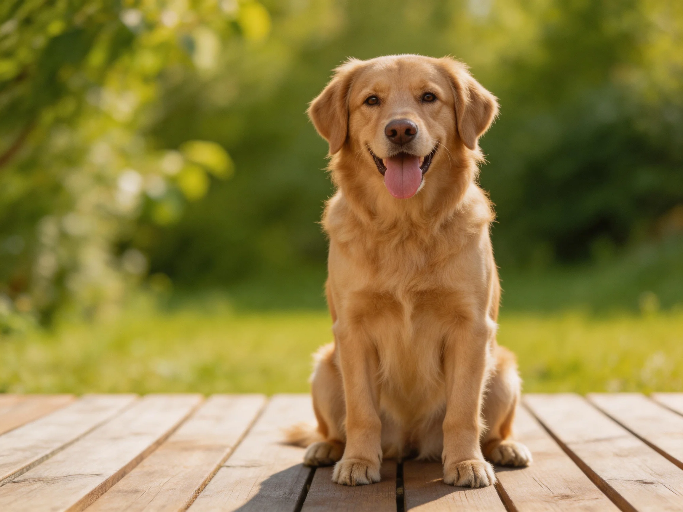 A golden retriever sits on a wooden deck in a sunlit garden.