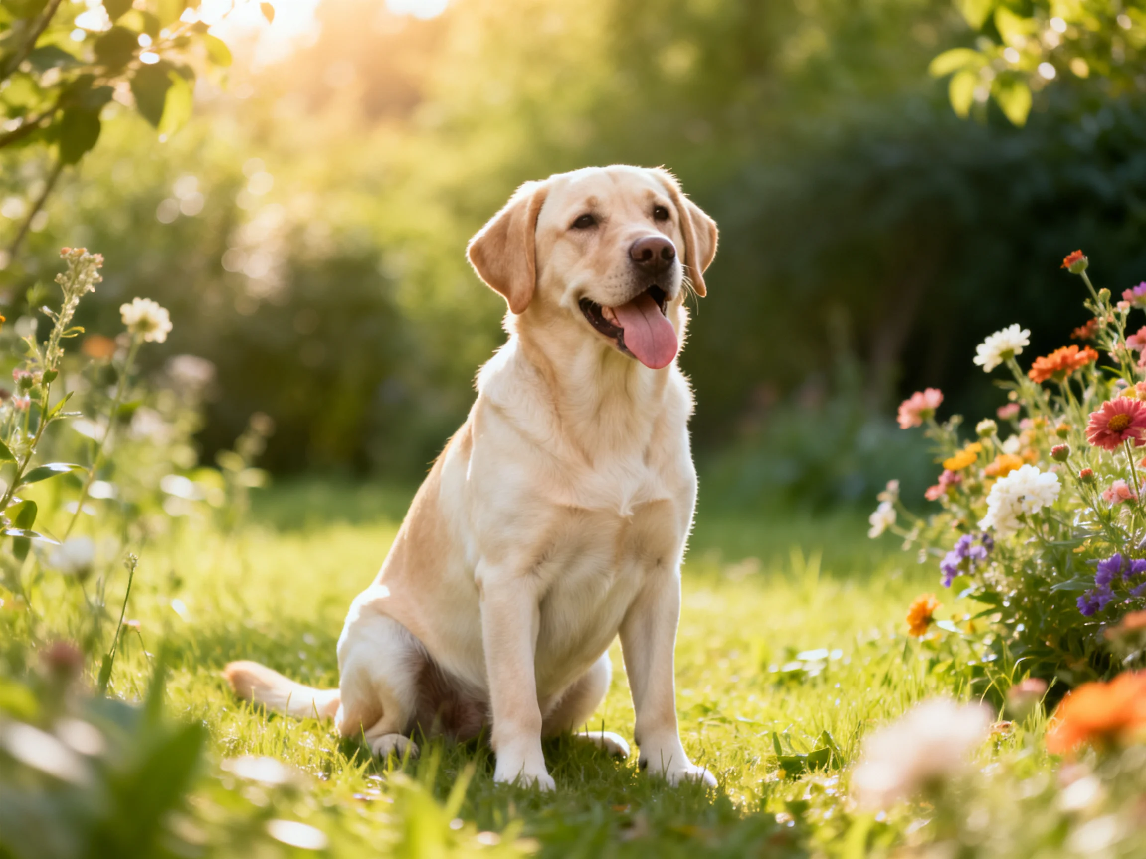 A cheerful dog sits in a sunlit garden surrounded by flowers.