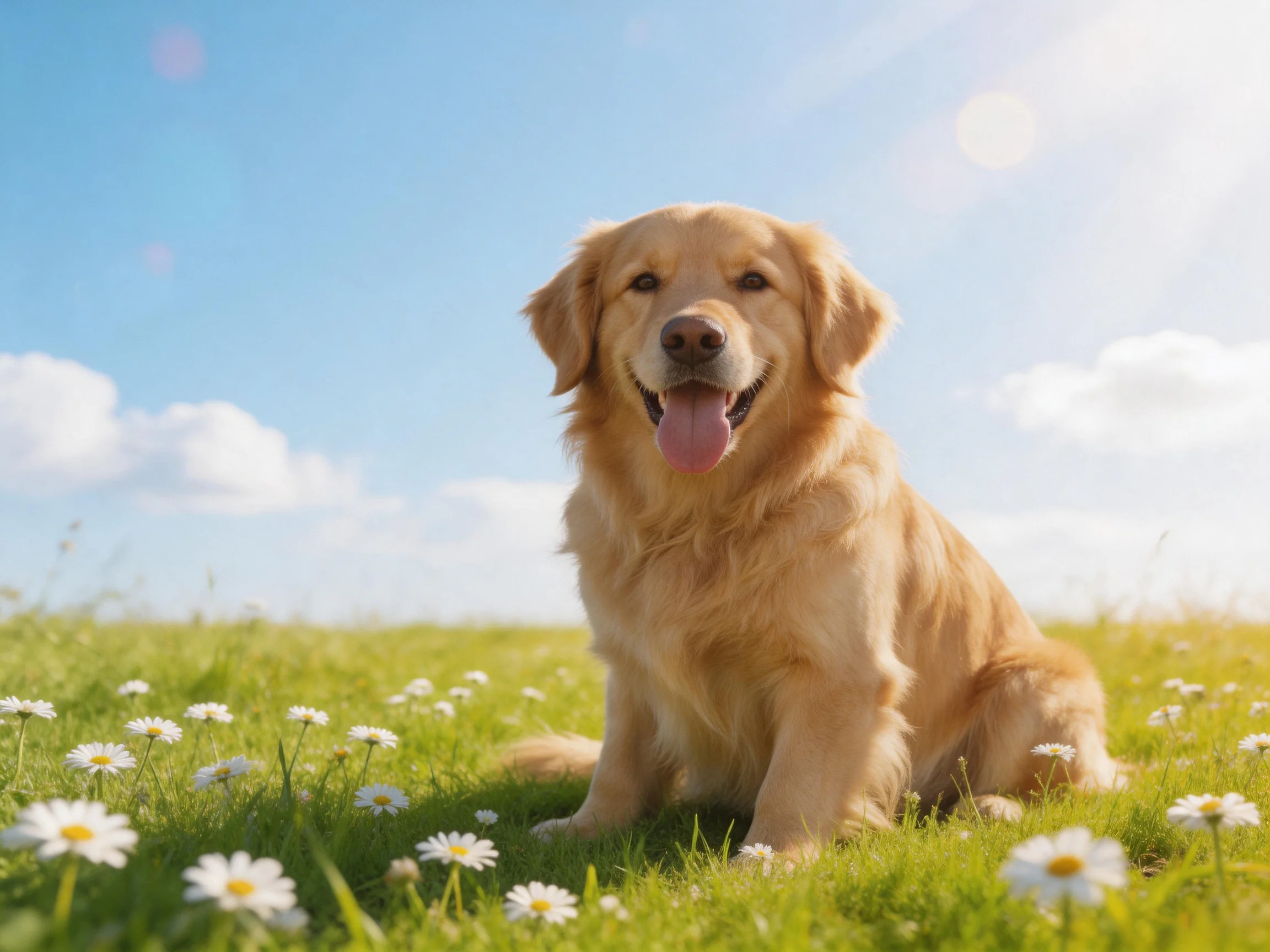 A golden retriever sitting in a sunlit meadow with white daisies