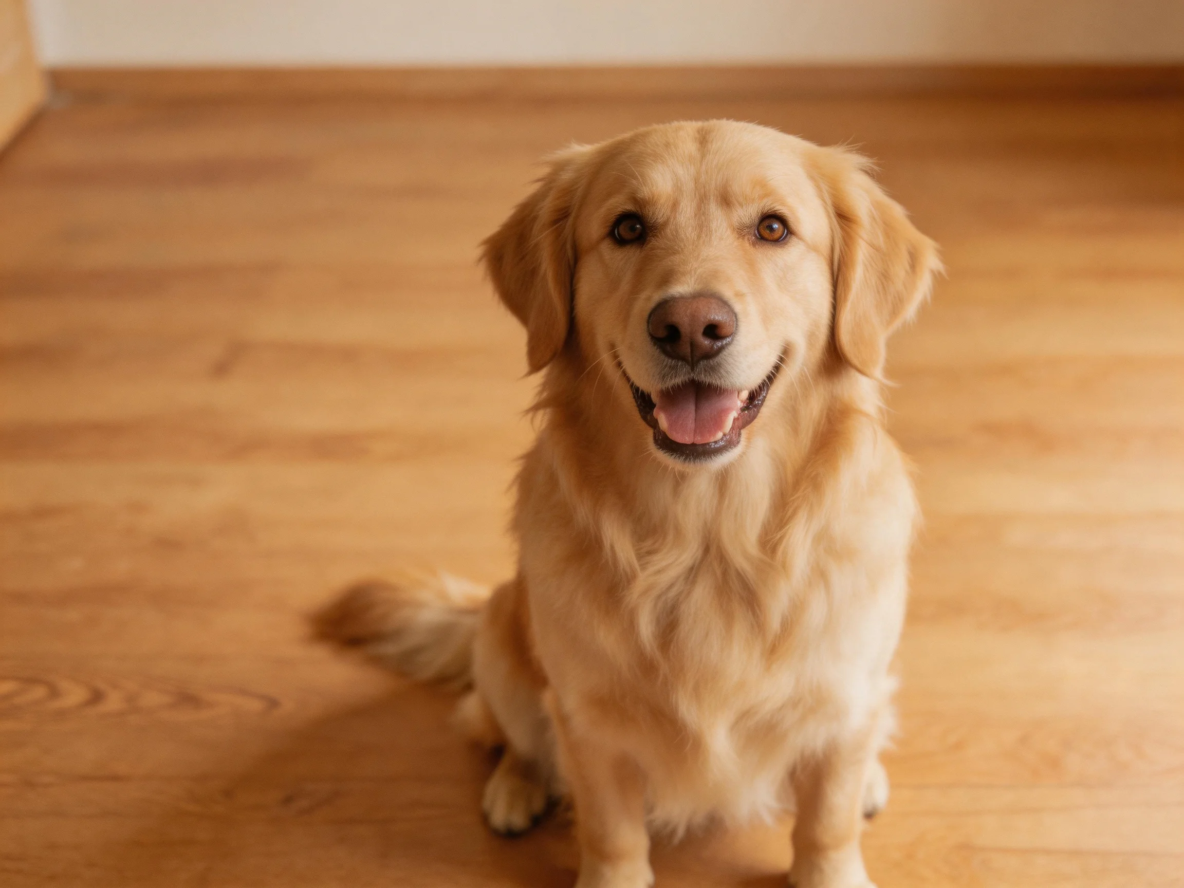 A golden retriever sitting on a polished wooden floor