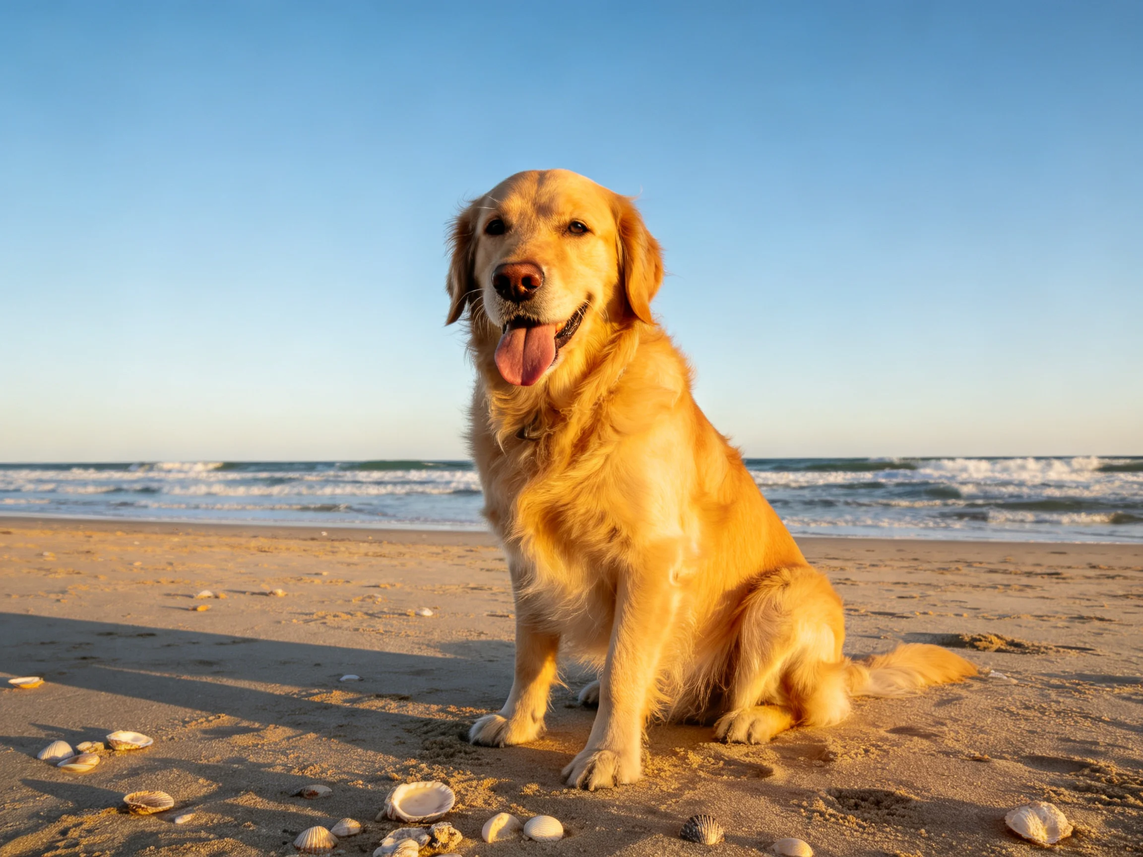 A golden retriever sitting on a sandy beach near the ocean waves