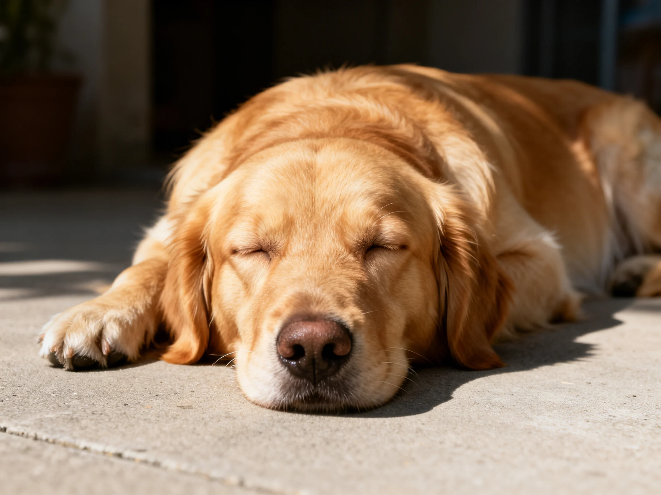 A golden retriever sleeping on a sunlit concrete surface