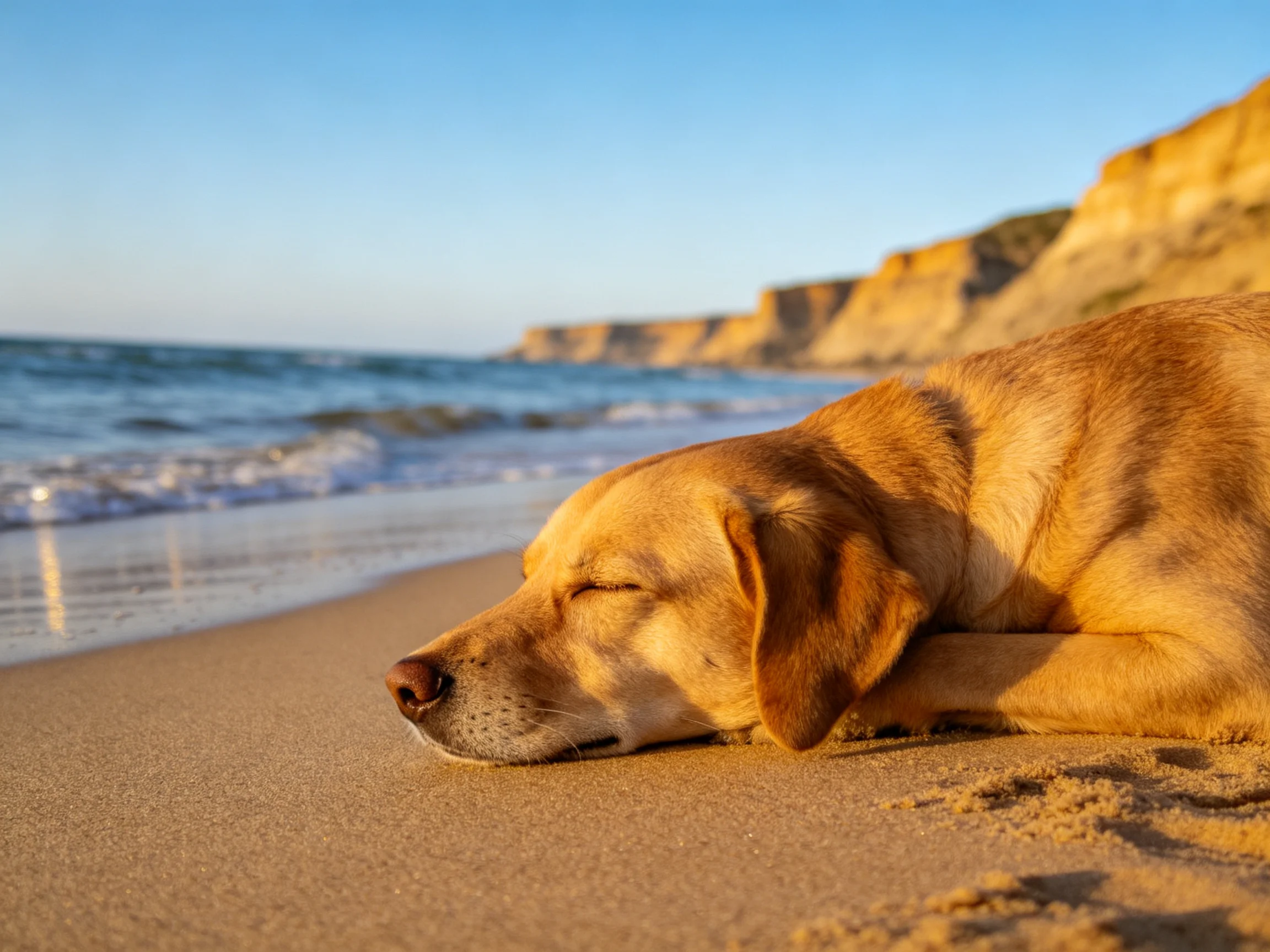 A golden retriever rests peacefully on a sandy beach near rocky cliffs.