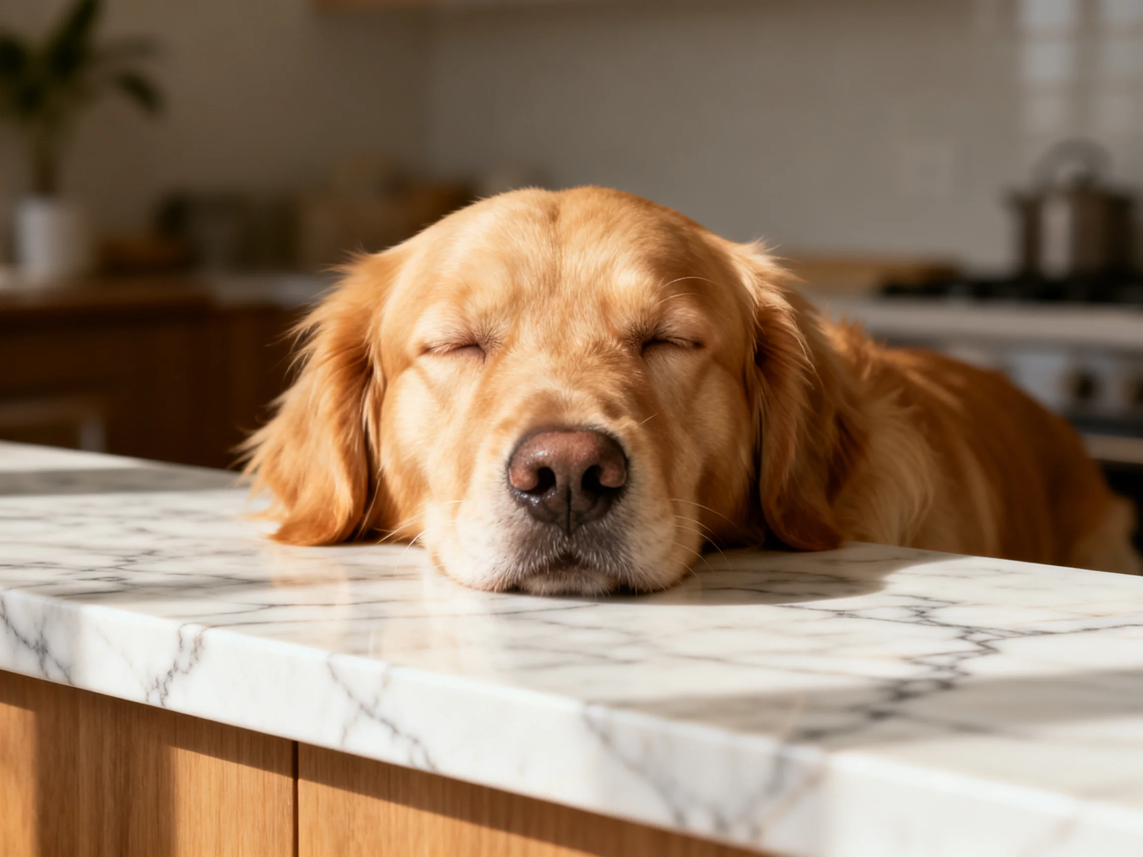 A golden retriever rests on a marble countertop in a home kitchen.