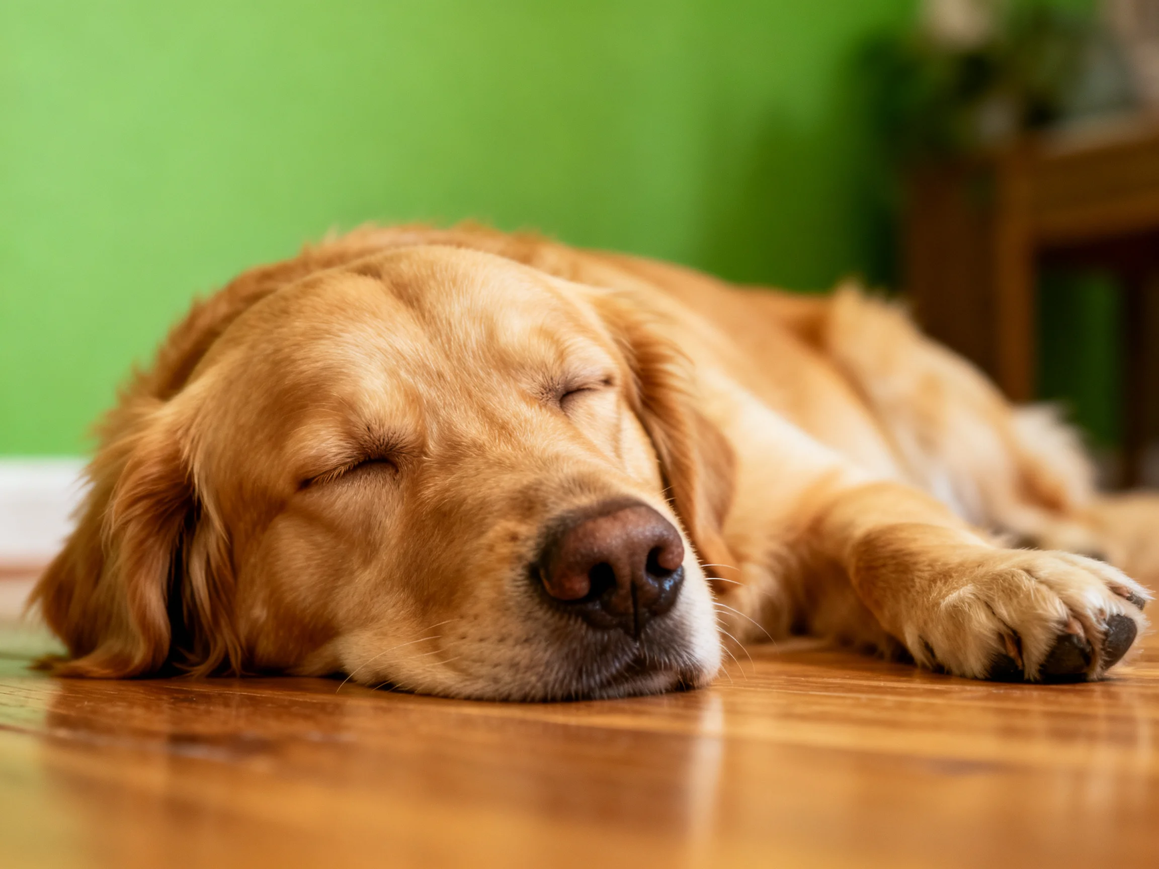 A golden retriever rests with closed eyes on a wooden floor in a room with a green wall.