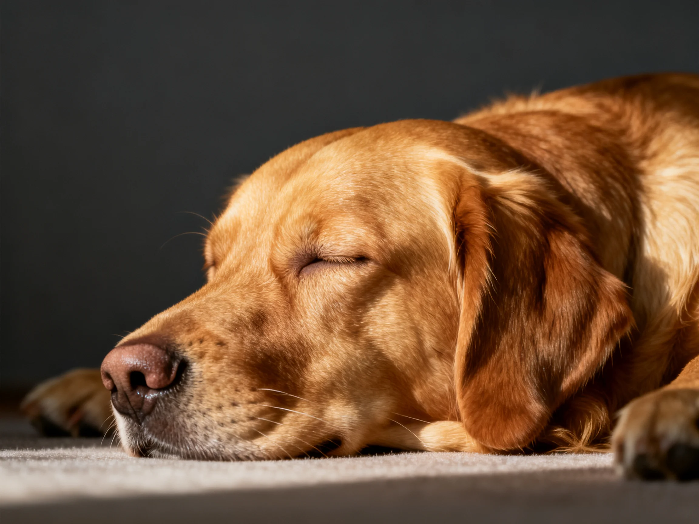 A golden retriever sleeps soundly on a soft surface.