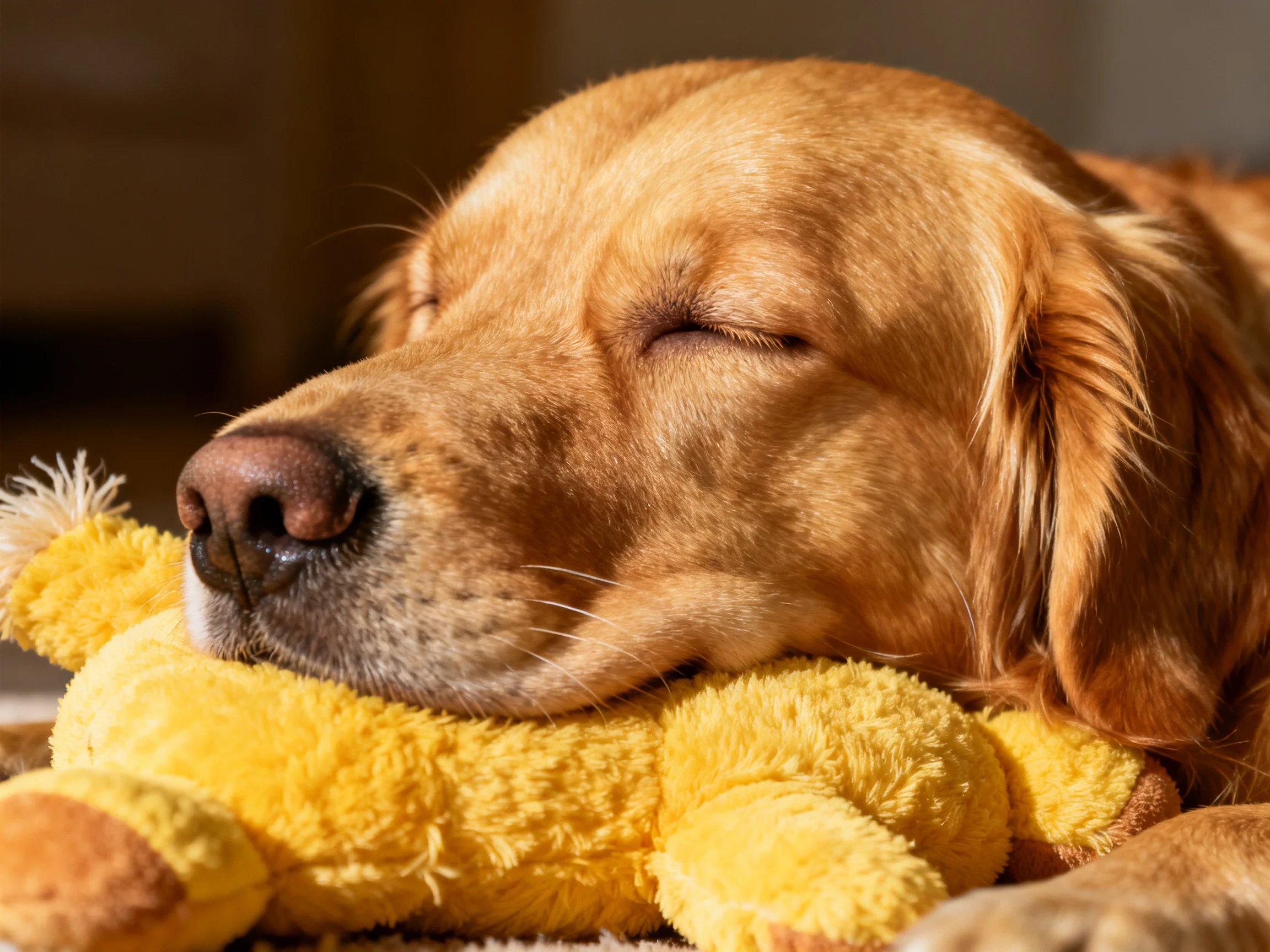 A golden retriever rests with a yellow stuffed toy in a warm-lit environment.