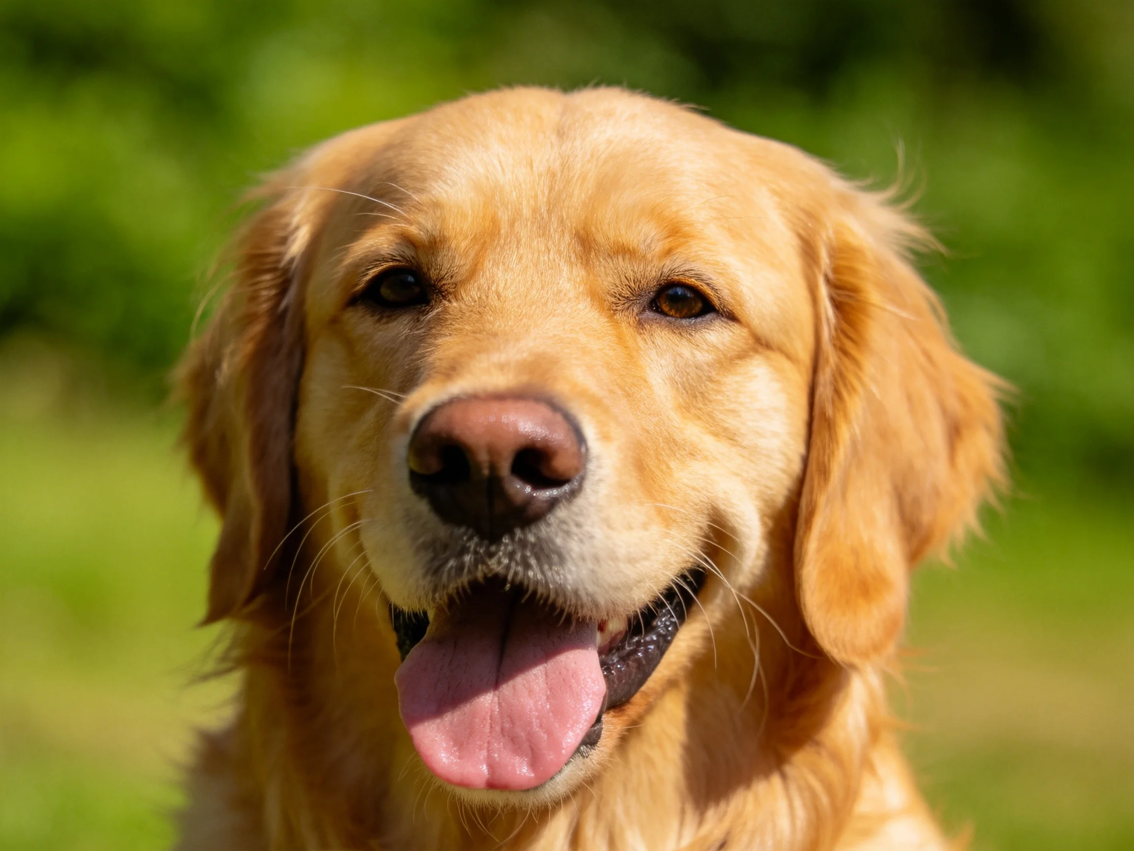 A golden retriever smiling in a sunny outdoor setting with greenery