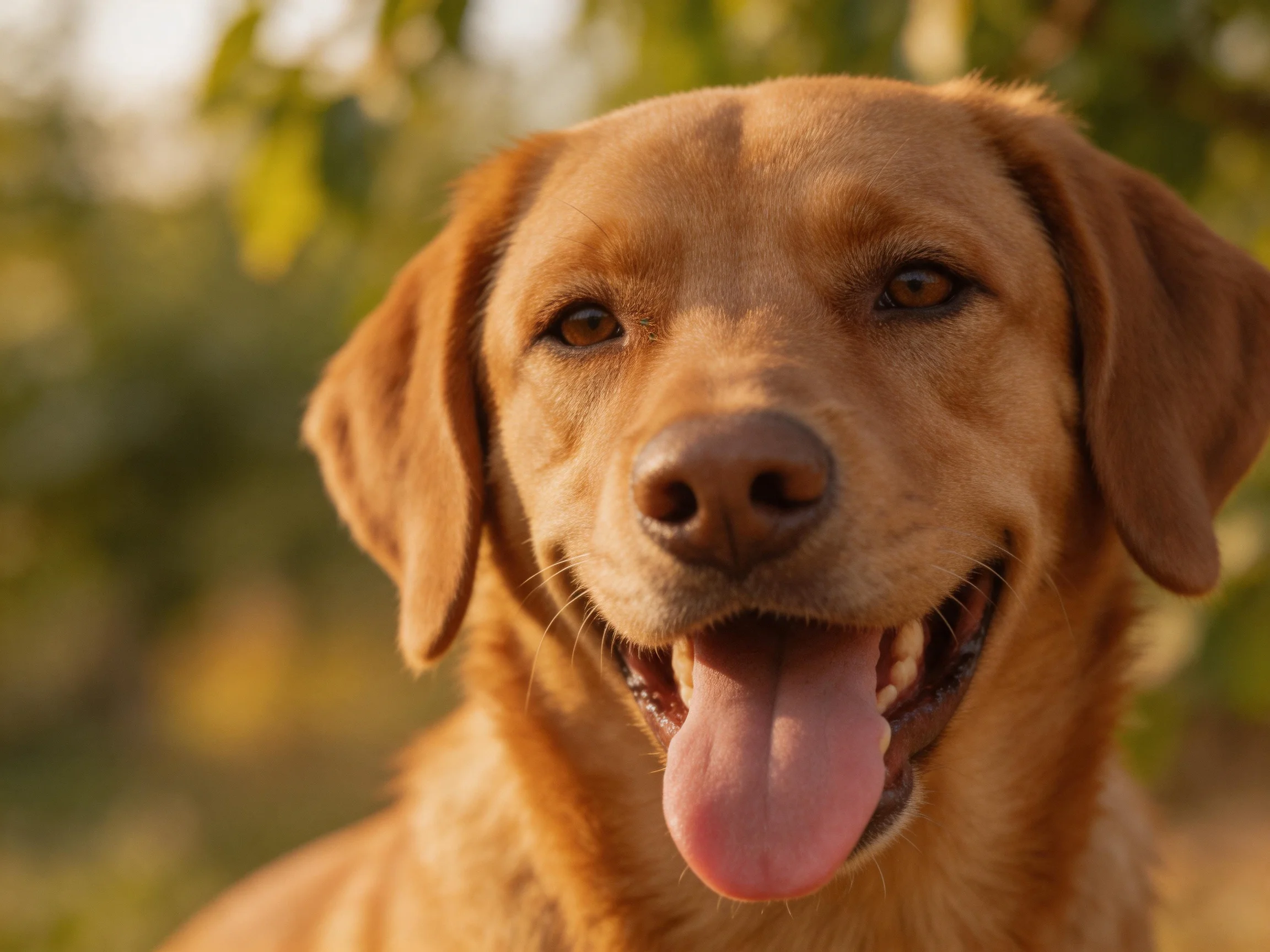 A golden retriever looks happy with its mouth open outdoors.