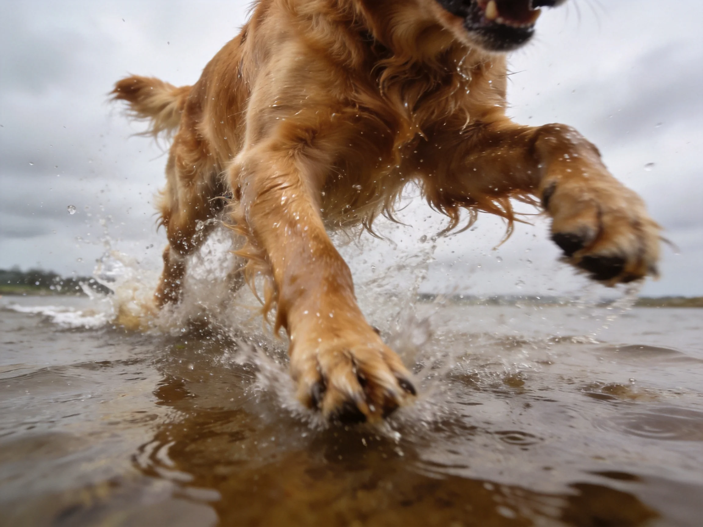 A golden retriever splashes energetically in shallow water