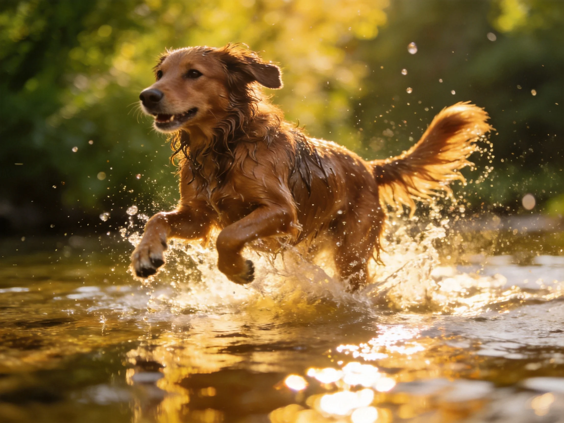 A golden retriever splashes through shallow water near lush green foliage