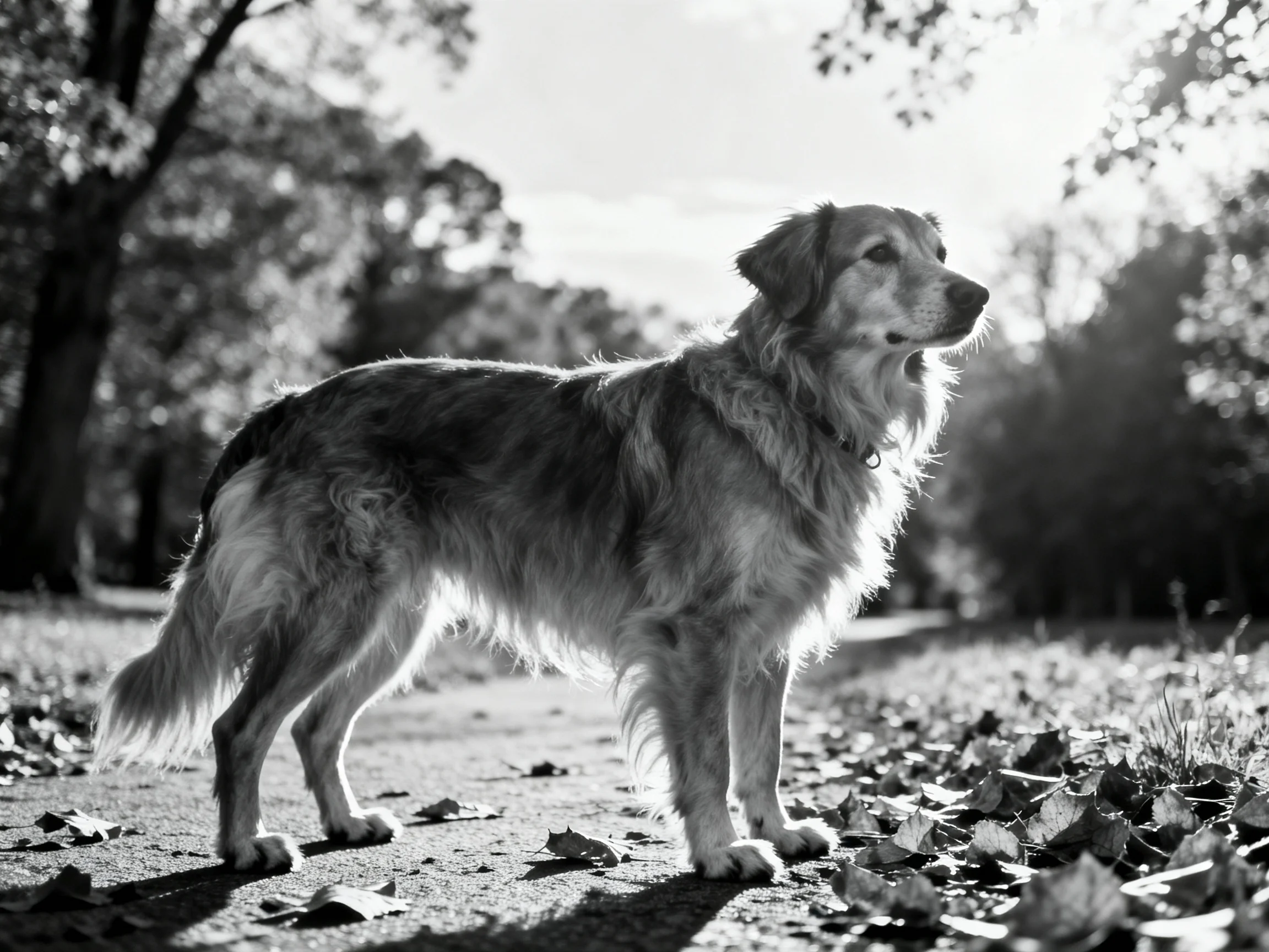 A golden retriever stands alert amid fallen leaves in a sunlit park