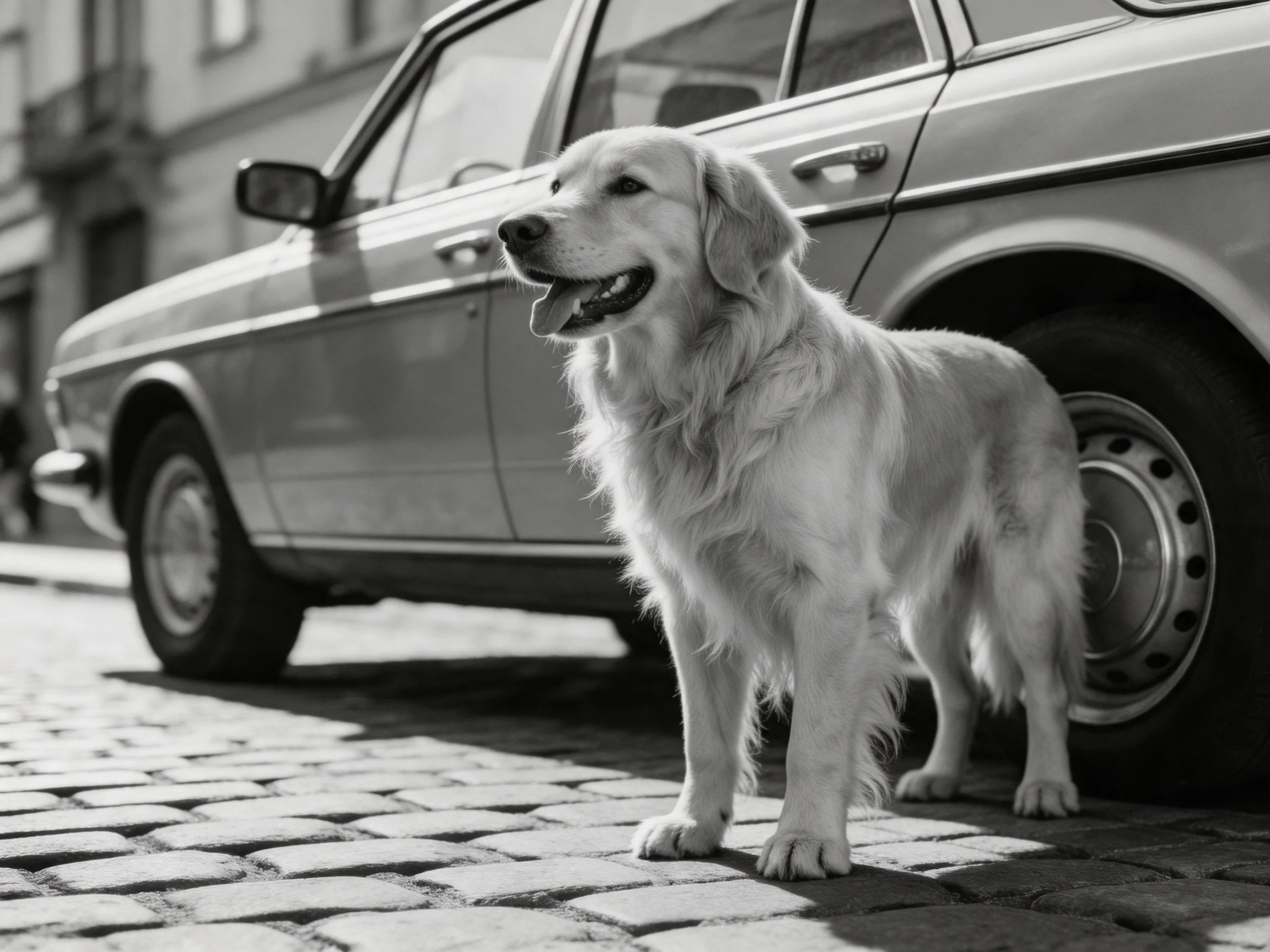A golden retriever stands near a vintage car on cobblestone streets.